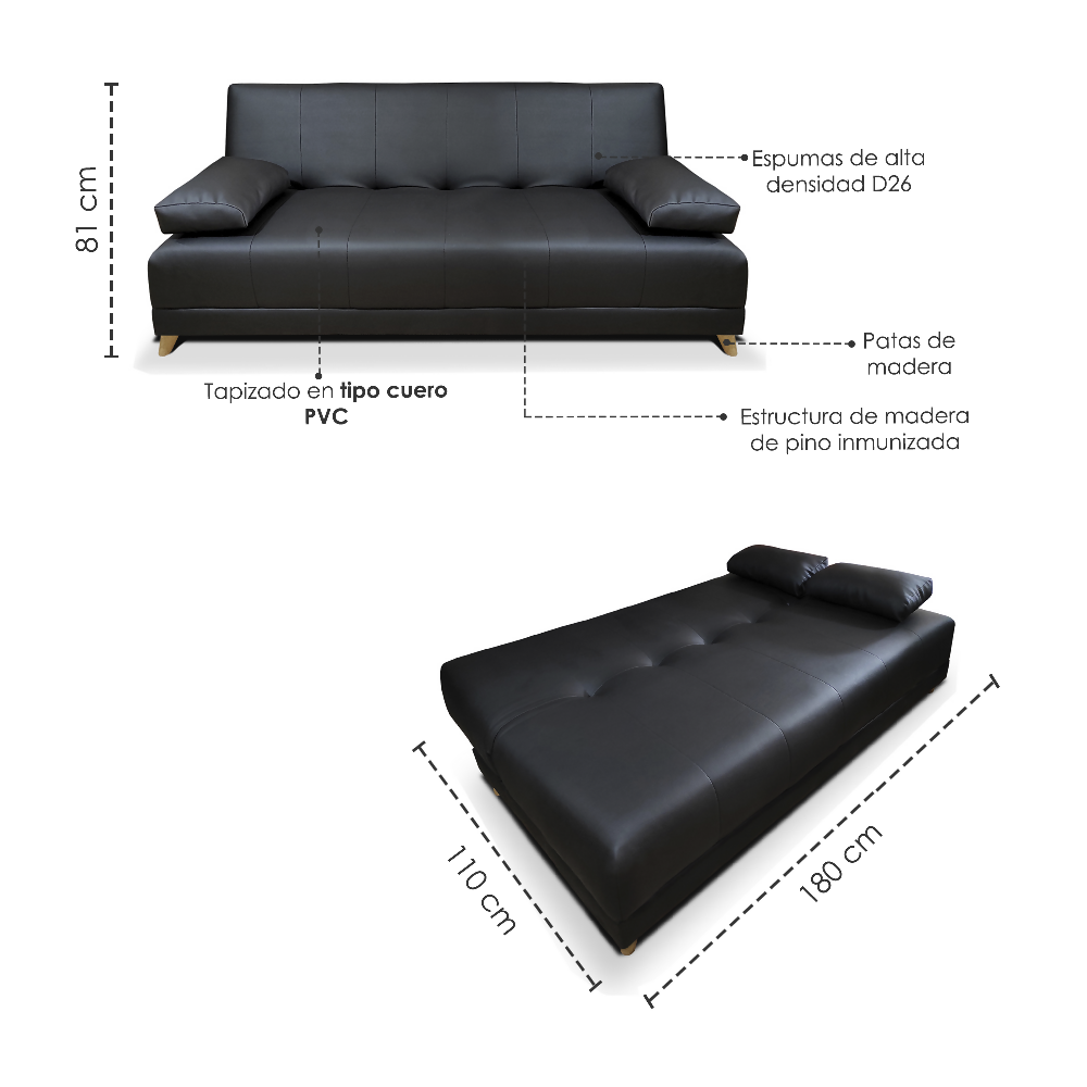 Sofa cama 3 posiciones Sabath 3 Tipo cuero Negro