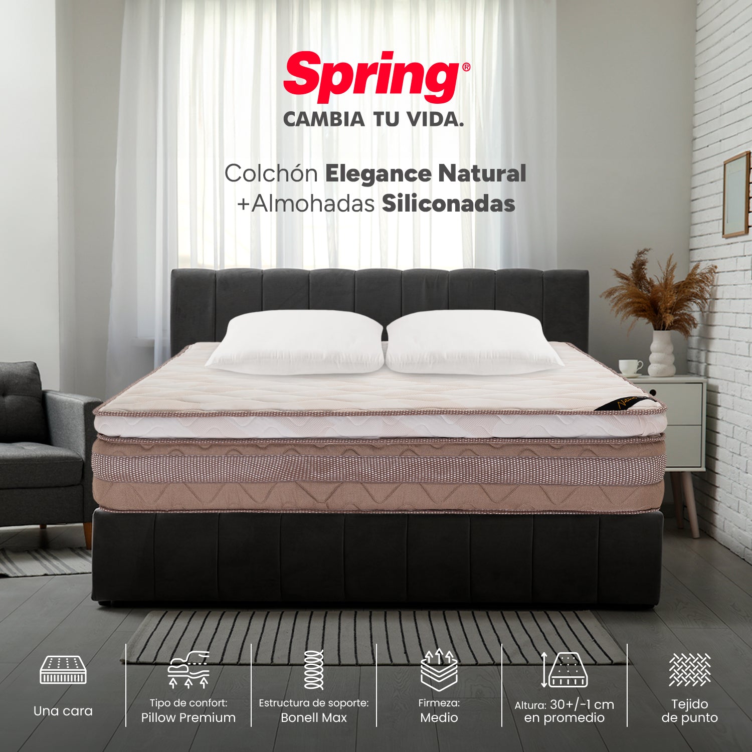 Colchón Spring Elegance Natural Queen 160X190 Cm  Gratis Almohadas Siliconadas