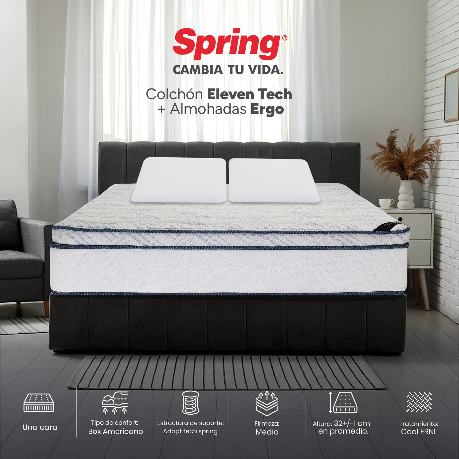 Colchón Spring Eleven Tech King 200X200 Cm  Gratis Almohadas Ergo