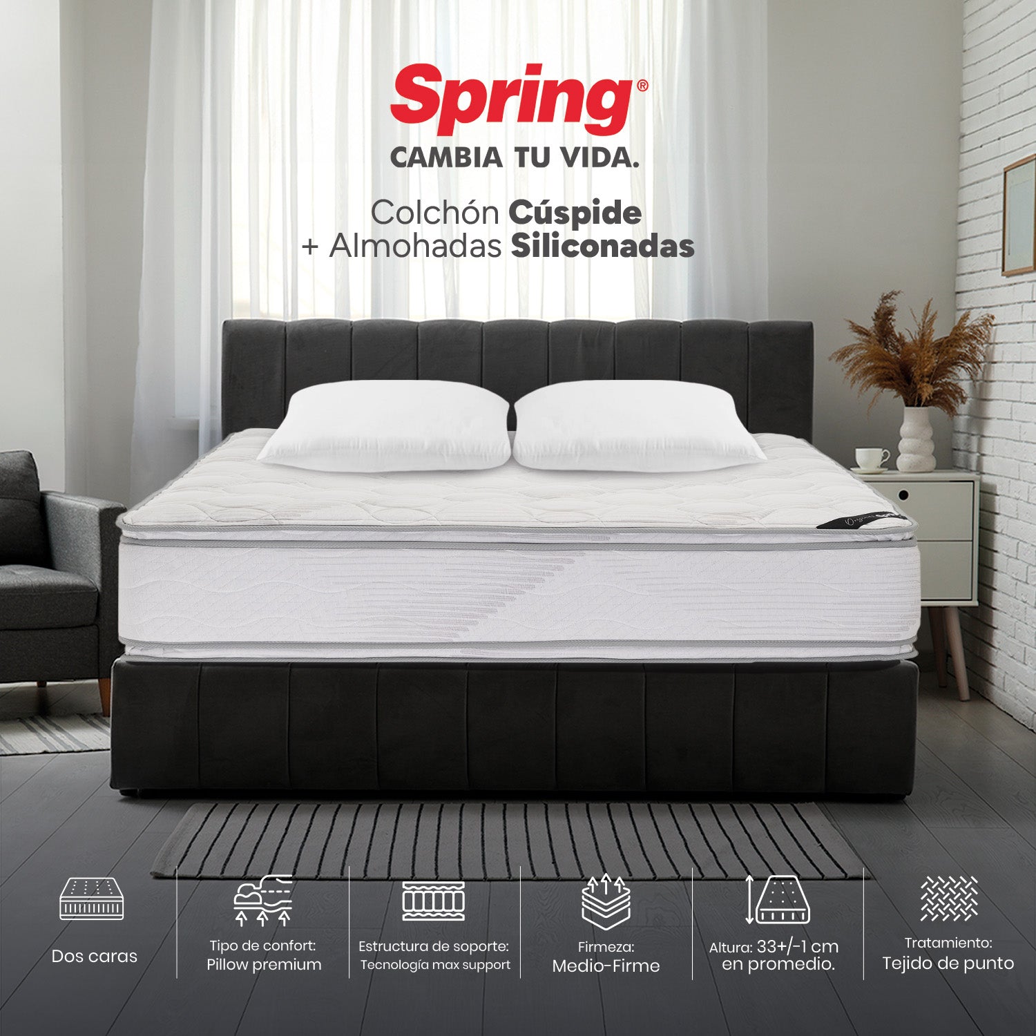 Combo Colchón Spring  Cuspide-Queen 160X190 Cm +  Set Almohada Siliconada