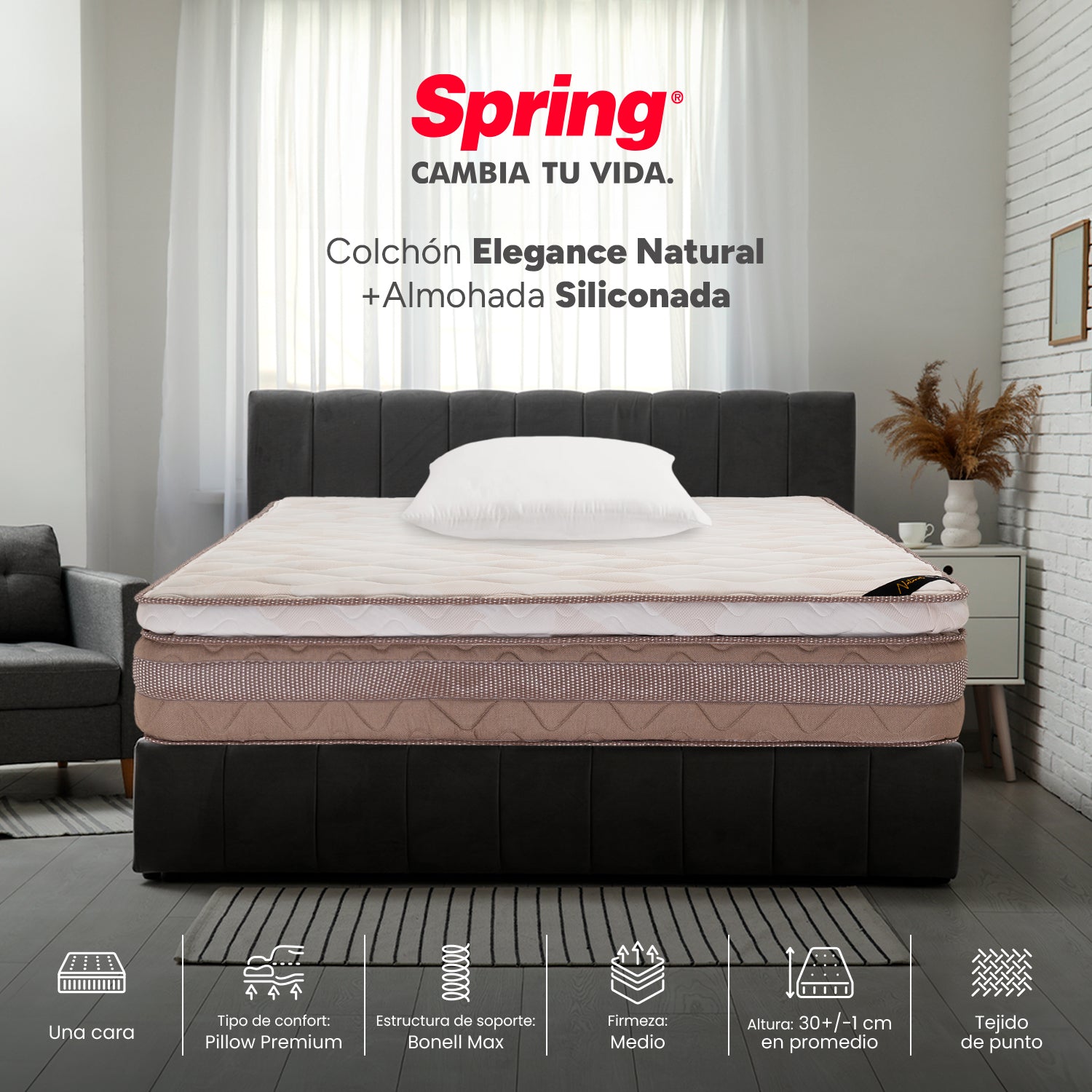 Colchón Spring Elegance Natural Semidoble 120X190 Cm  Gratis Almohada Siliconada