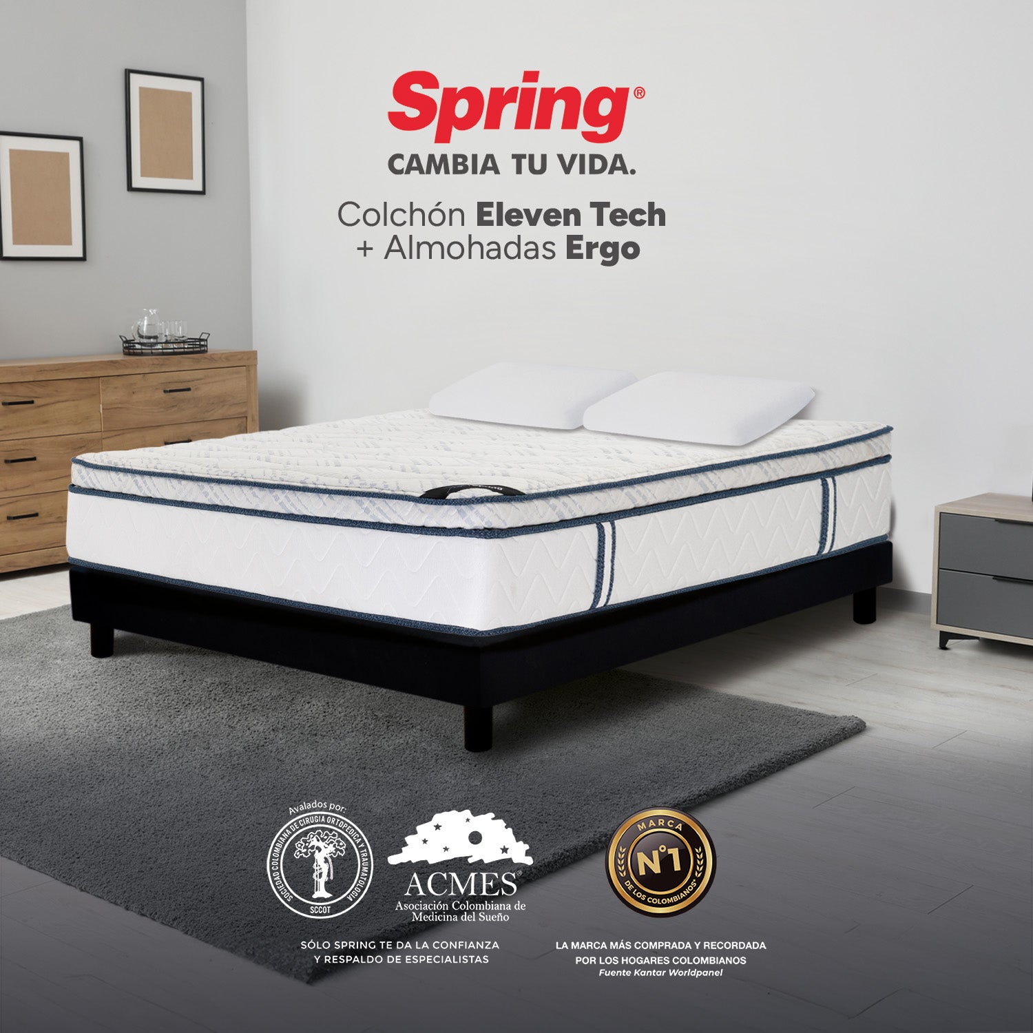 Colchón Spring Eleven Tech Queen 160X190 Cm  Gratis Almohadas Ergo