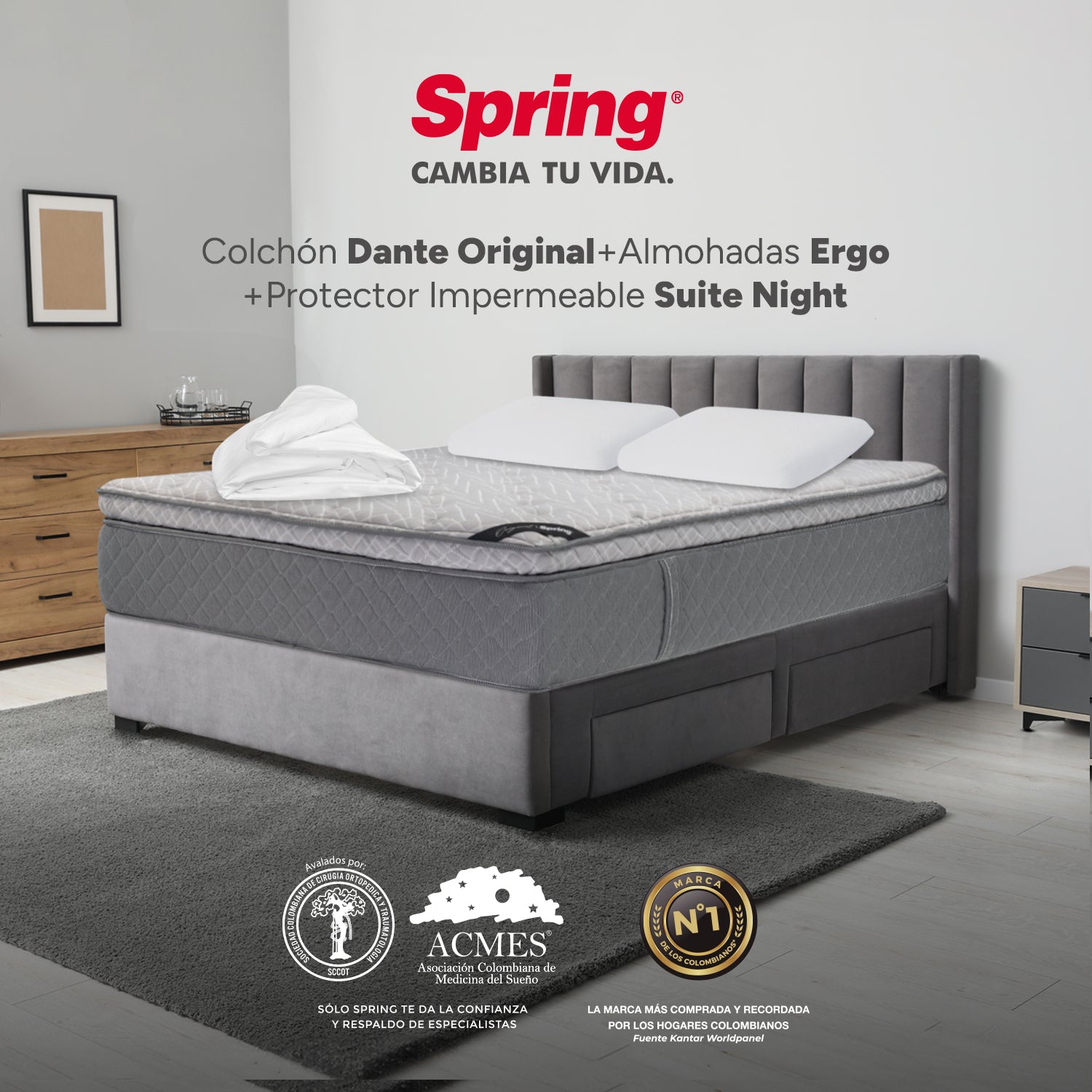 Colchón Spring Dante Original King 200X200 Cm  + Set Almohadas Ergo + Protector