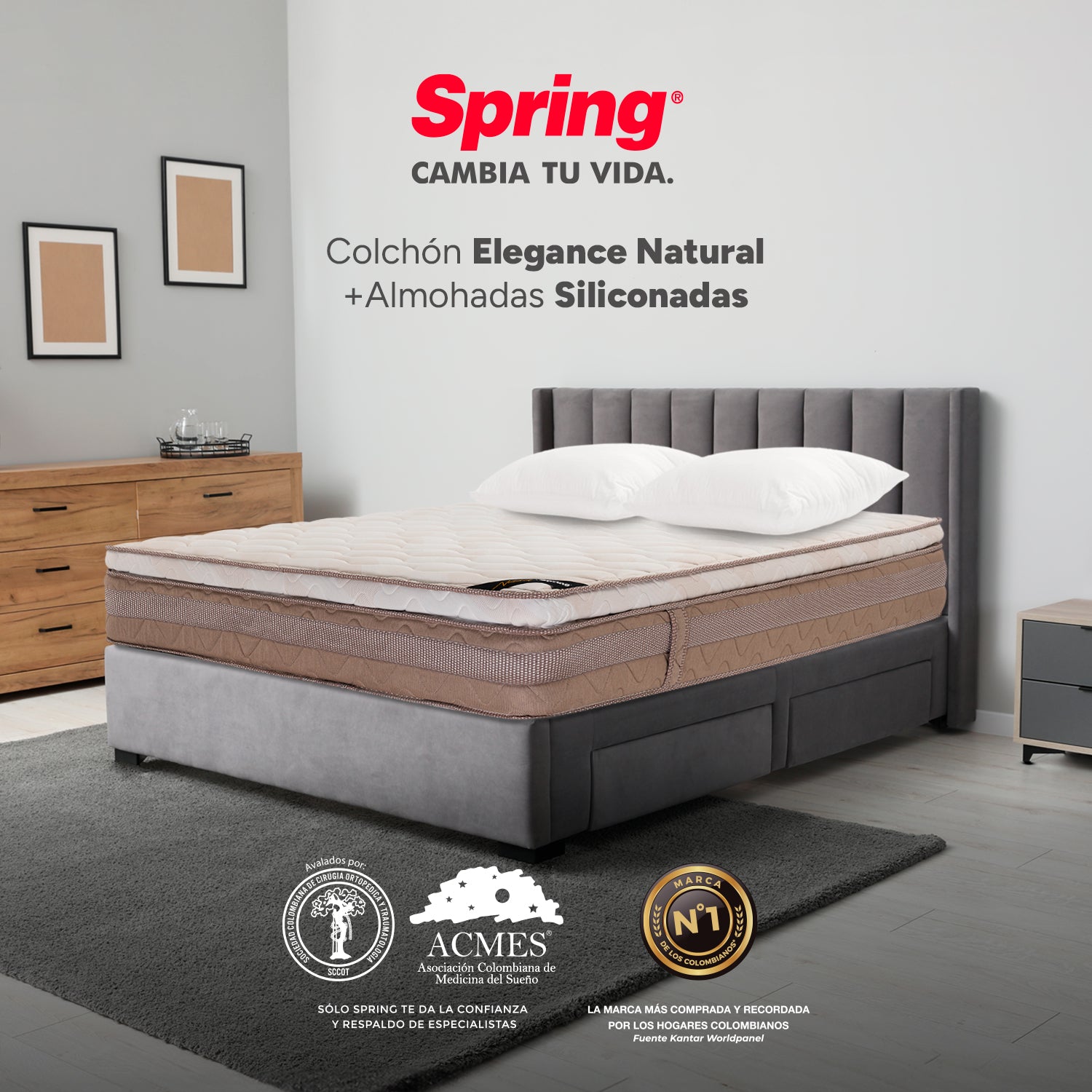 Colchón Spring Elegance Natural Queen 160X190 Cm  Gratis Almohadas Siliconadas