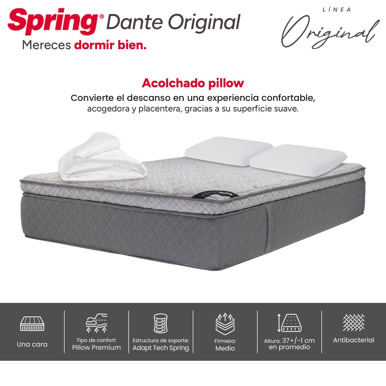 Colchón Spring Dante Original King 200X200 Cm  + Set Almohadas Ergo + Protector