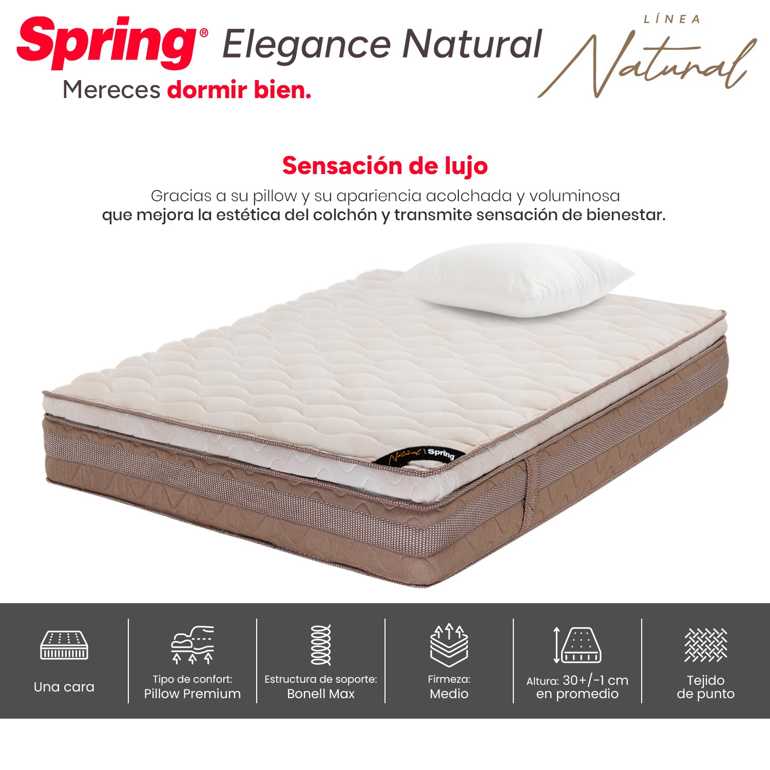 Colchón Spring Elegance Natural Semidoble 120X190 Cm  Gratis Almohada Siliconada