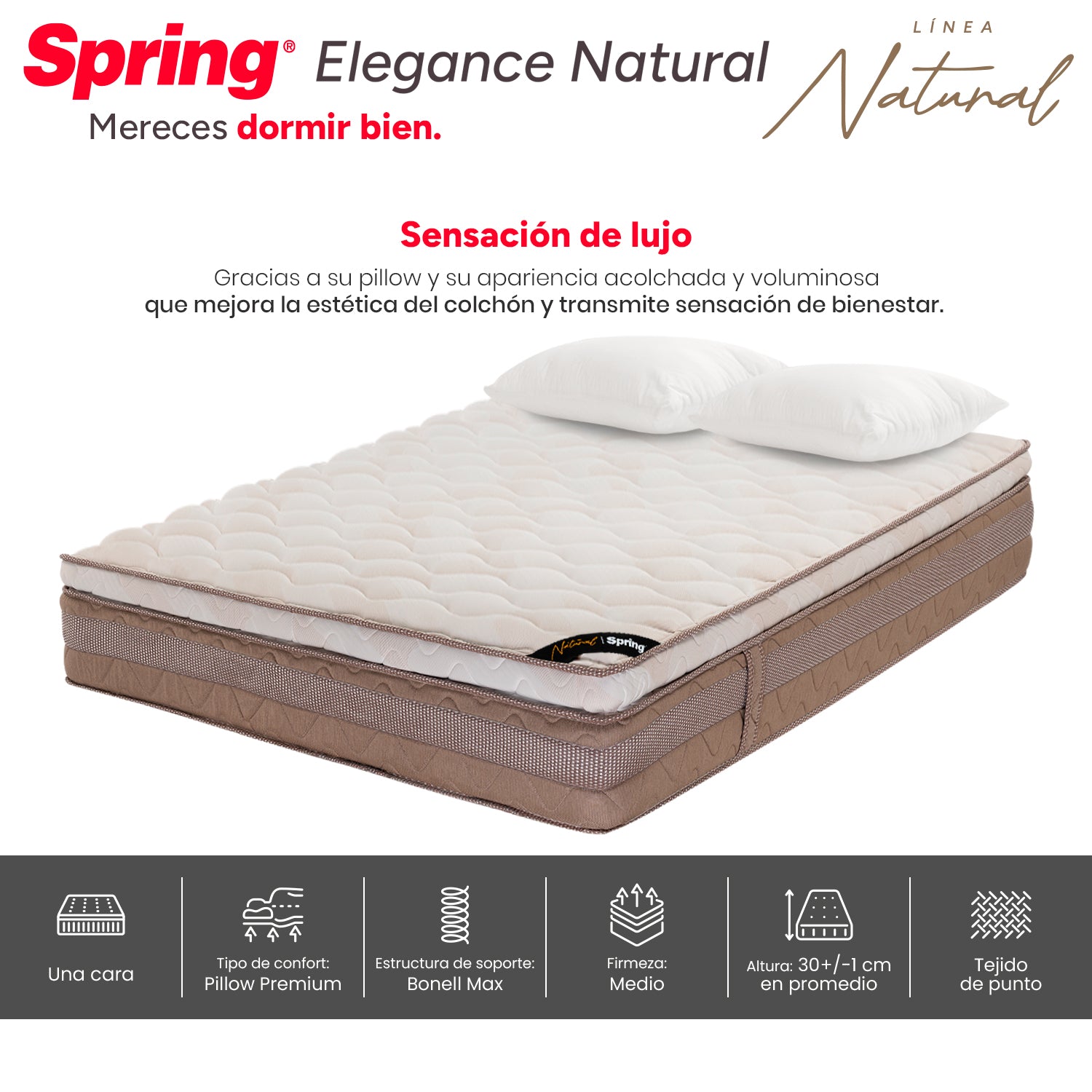 Colchón Spring Elegance Natural Queen 160X190 Cm  Gratis Almohadas Siliconadas