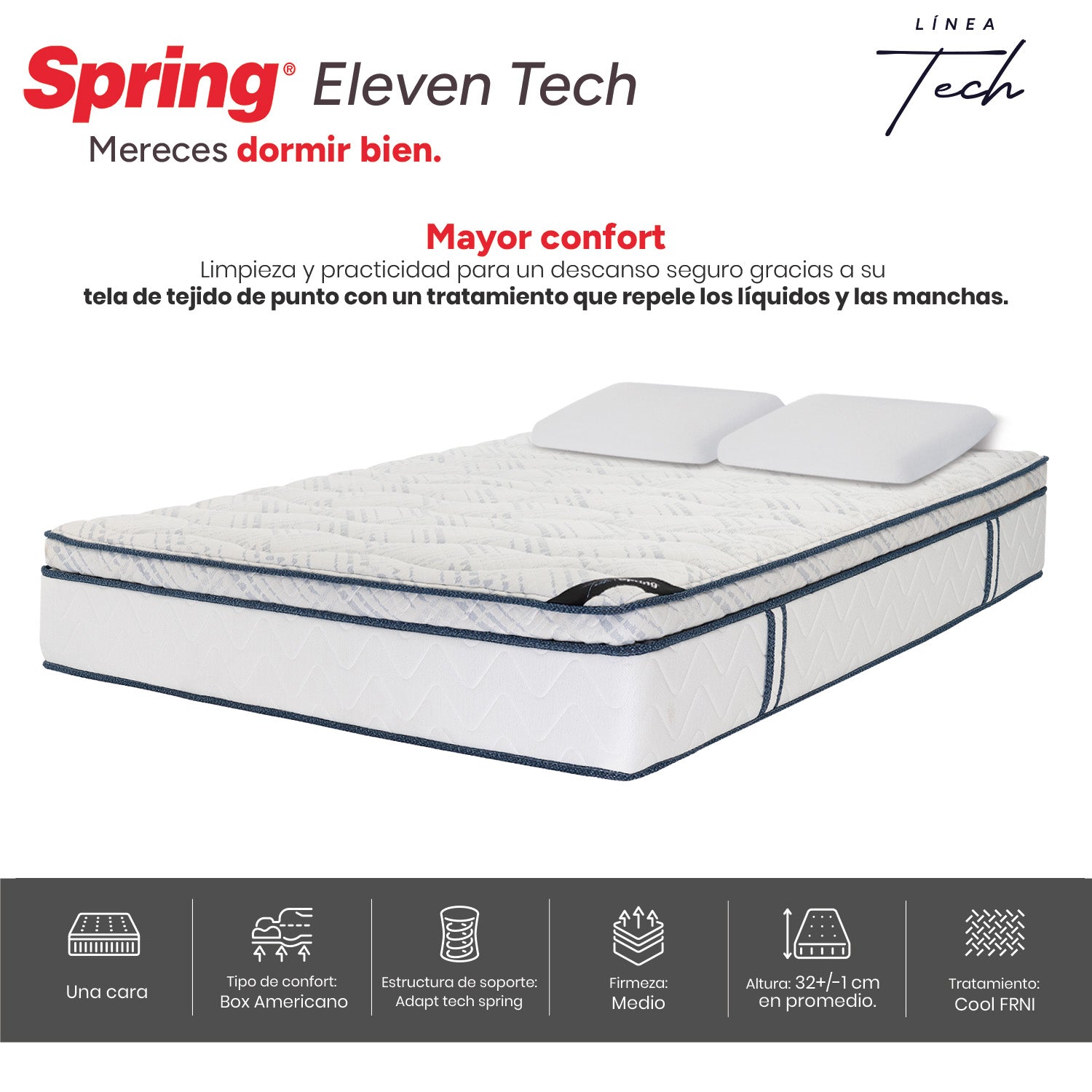 Colchón Spring Eleven Tech Doble 140X190 Cm  Gratis Almohadas Ergo