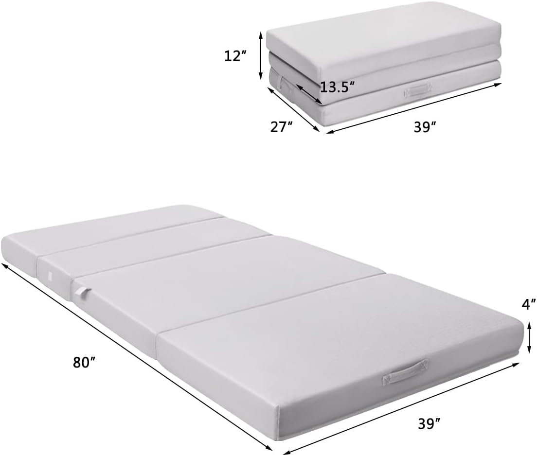 Colchón de espuma triple plegable de 4 pulgadas, tamaño individual XL con funda