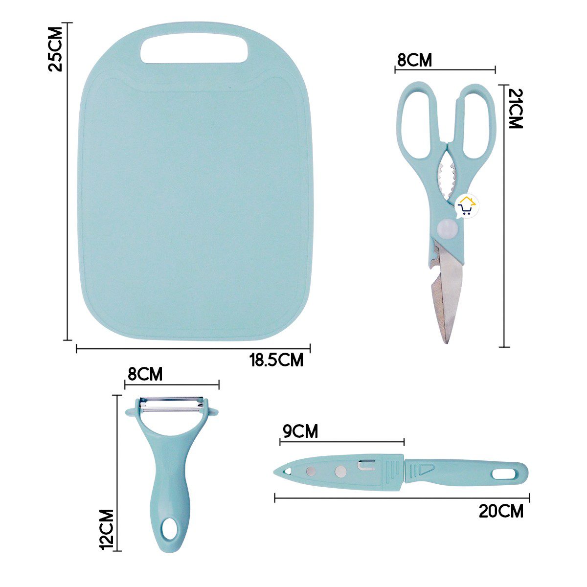 Kit Tabla de Picar 4 Piezas Cuchillo Tijera Pelador Cocina 19COCI