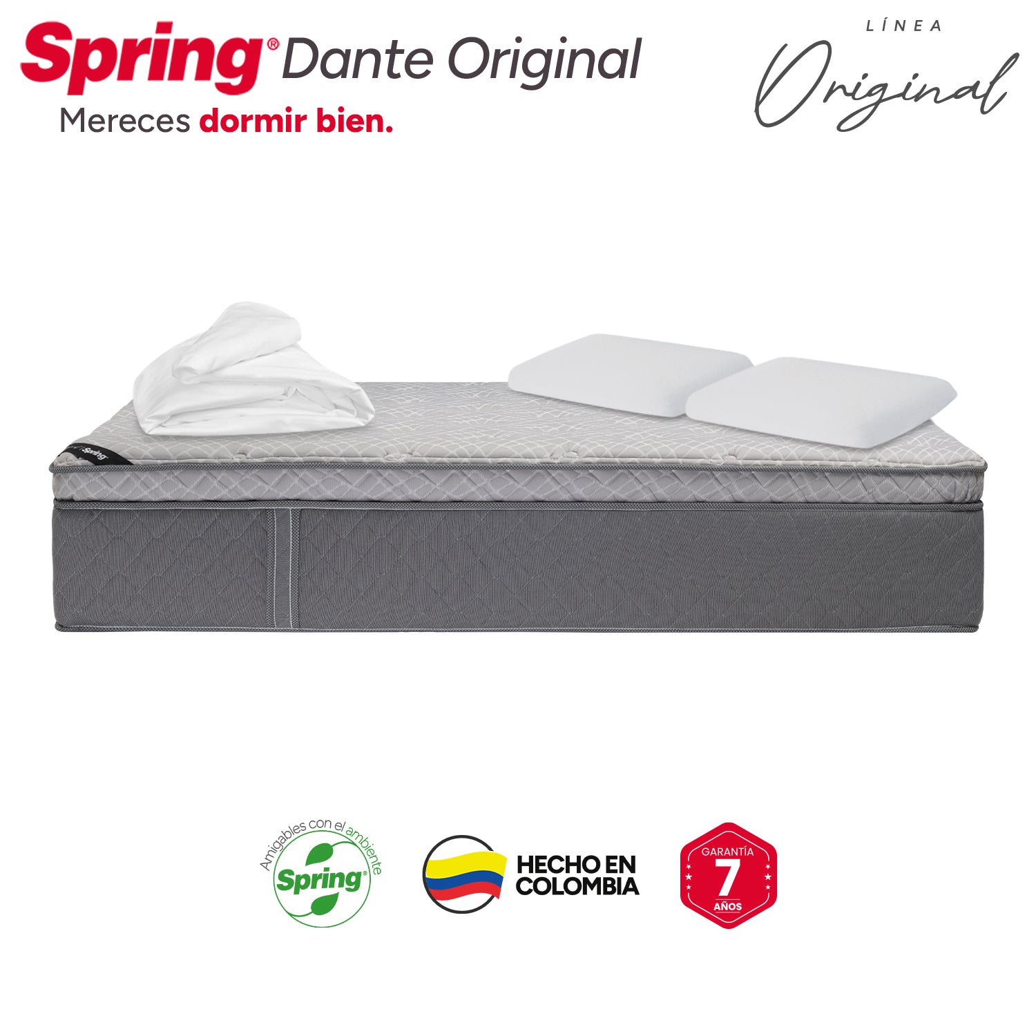 Colchón Spring Dante Original Doble 140X190 Cm + Set Almohadas Ergo + Protector