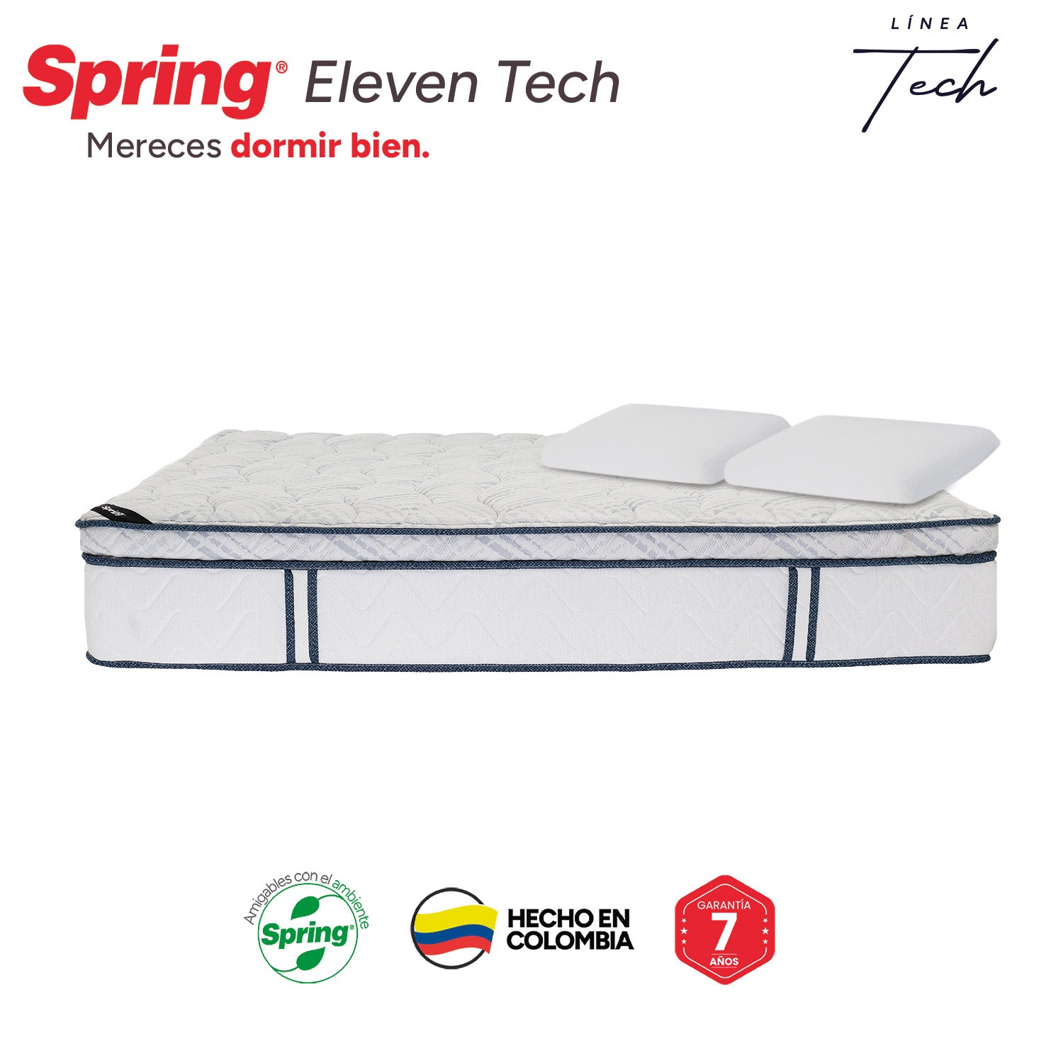 Colchón Spring Eleven Tech Doble 140X190 Cm  Gratis Almohadas Ergo