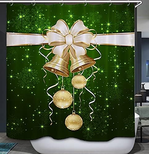 Cortina de ducha de Navidad verde, campanilla de Navidad dorada, copos de