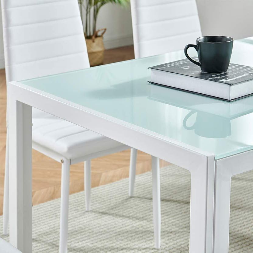 Mesa de comedor rectangular moderna con parte superior de vidrio blanco con