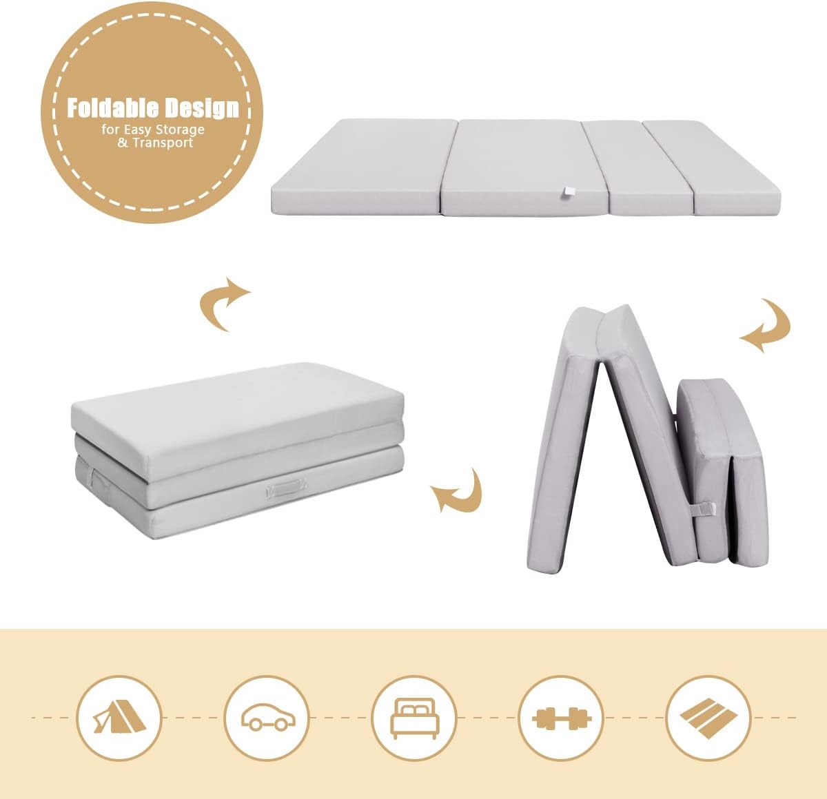 Colchón de espuma triple plegable de 4 pulgadas, tamaño individual XL con funda