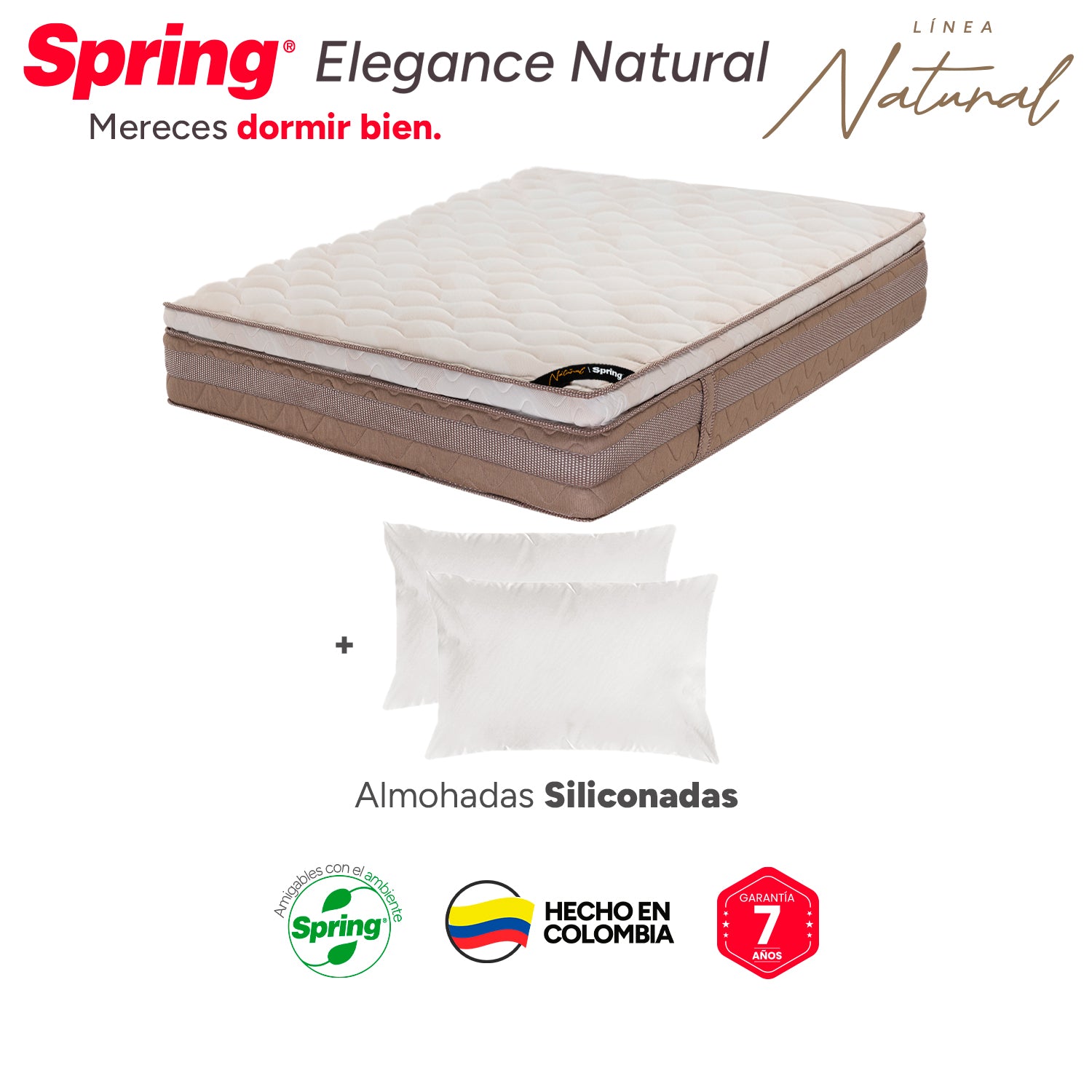 Colchón Spring Elegance Natural Queen 160X190 Cm  Gratis Almohadas Siliconadas