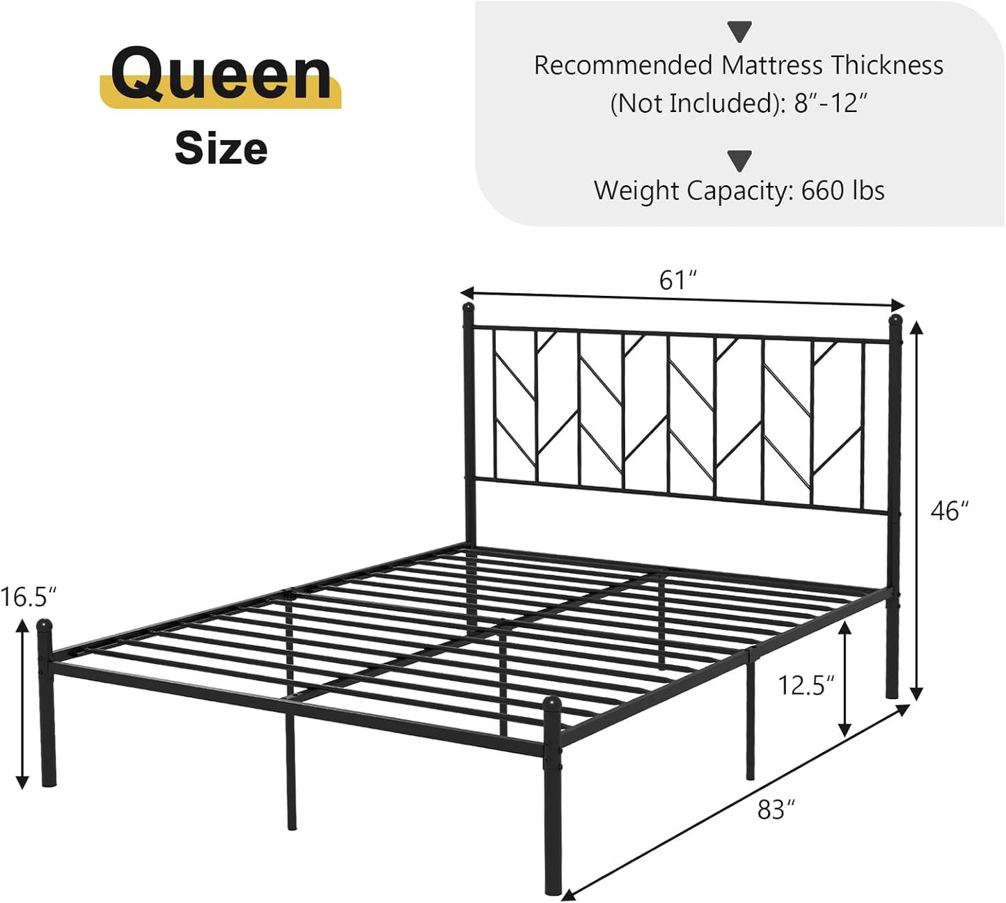 Base de cama de metal negro Queen con cabecera de estilo victoriano, plataforma