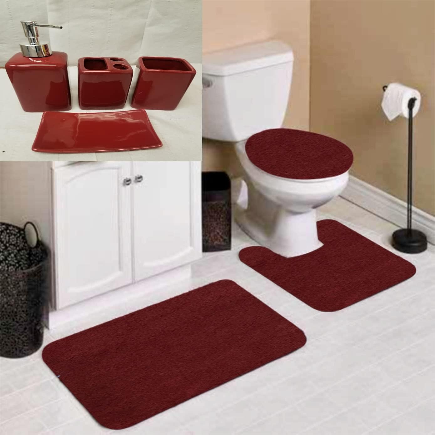 (#6) 7pc Bathroom Set with Bath Mat Contour Toilet Lid Cover with Rubber