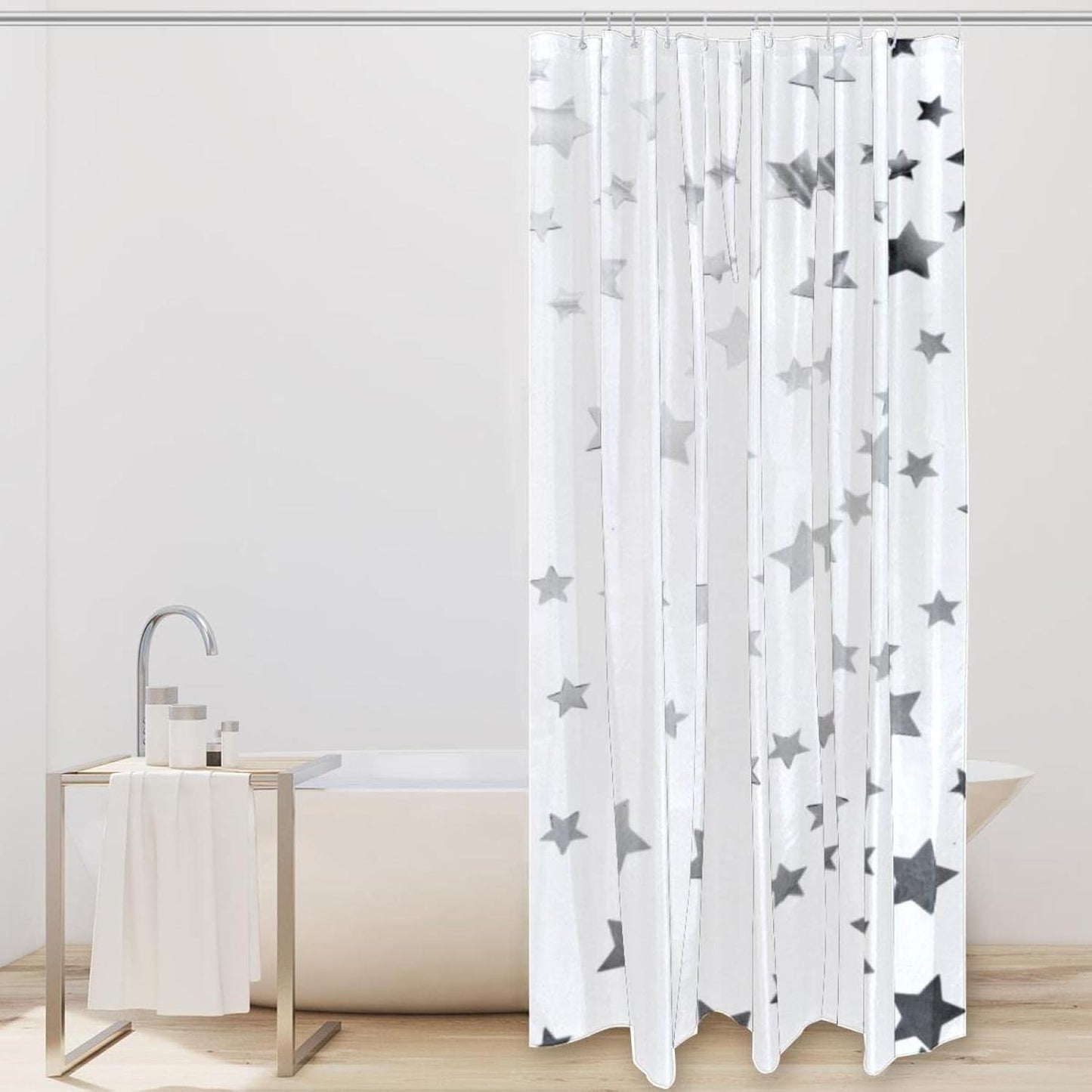 Cortina de ducha con estrellas grises, impermeable, lavable, juego de cortinas