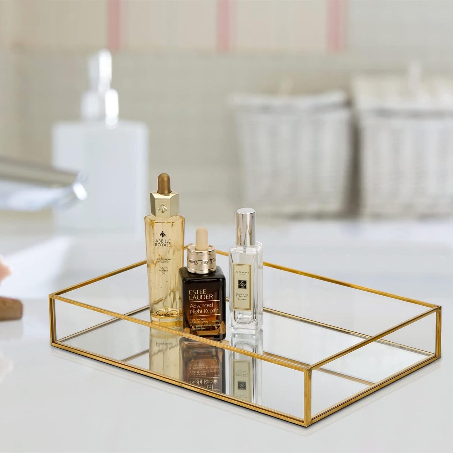 Paquete de 2 bandejas de perfume, bandeja de tocador dorada, bandeja decorativa