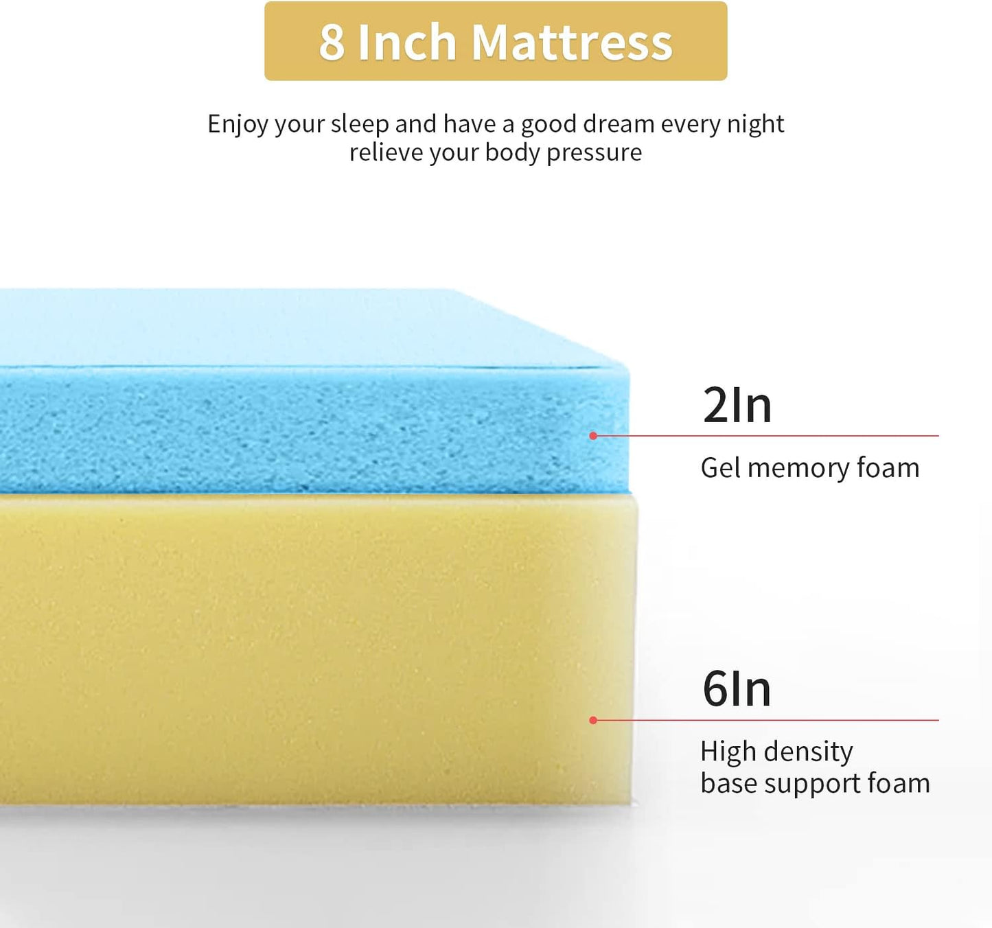 Colchón de espuma viscoelástica de gel de 8 pulgadas, colchón de firmeza media