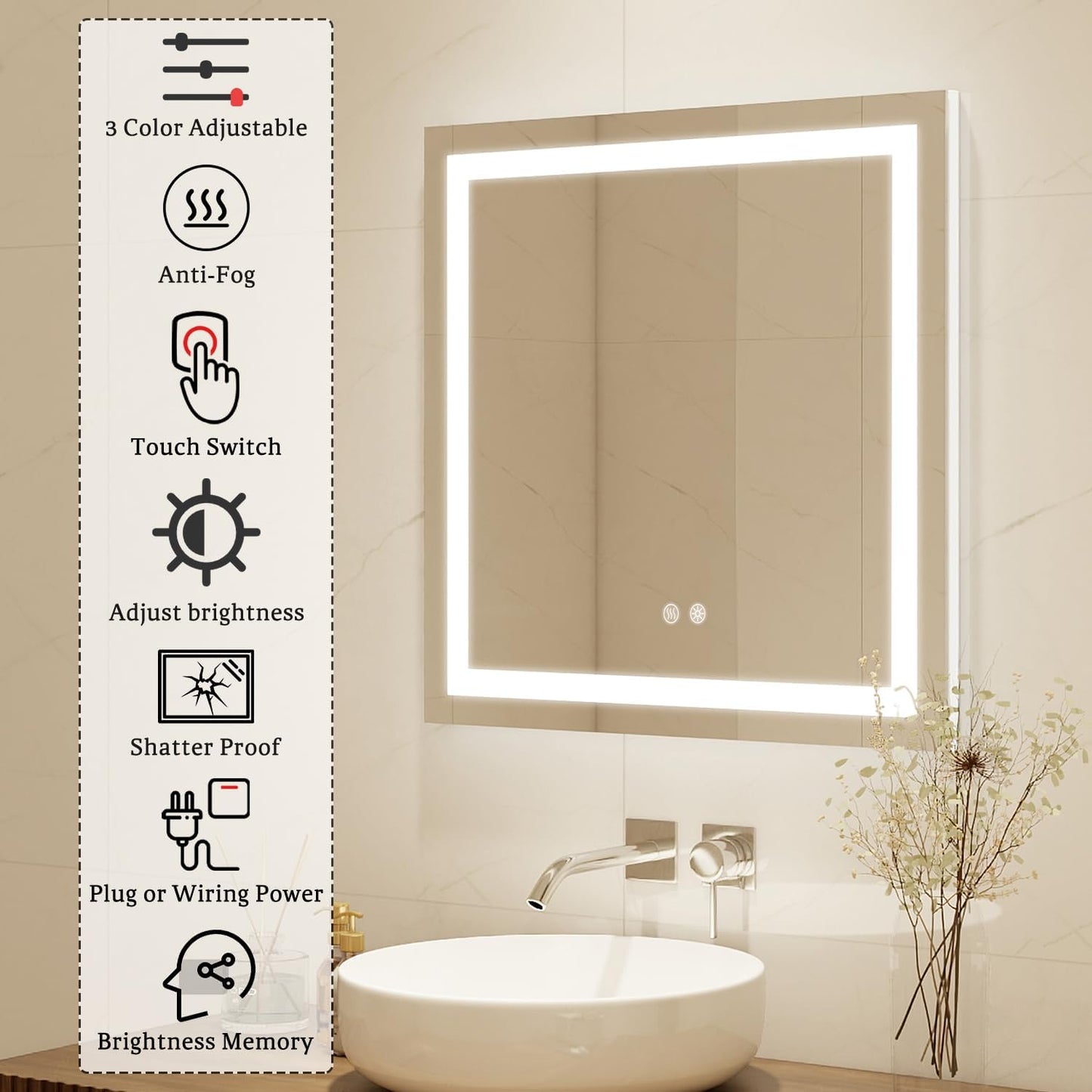 Espejo de tocador LED cuadrado de 28 x 28 pulgadas, 3 colores regulables,