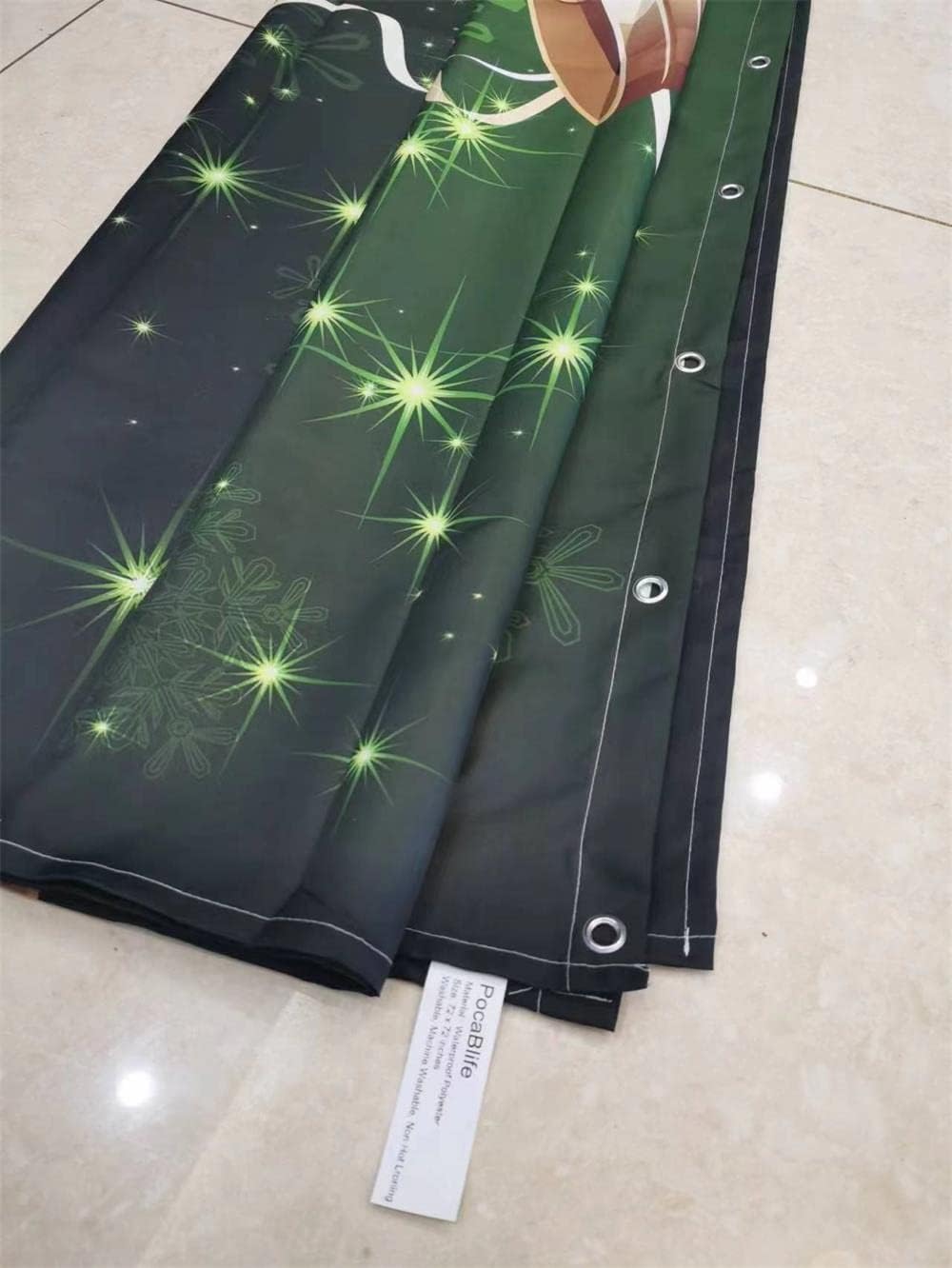 Cortina de ducha de Navidad verde, campanilla de Navidad dorada, copos de
