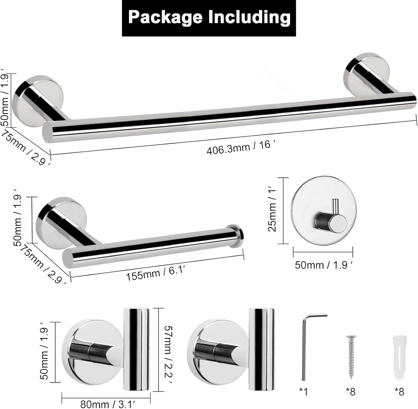 Juego de 5 piezas de accesorios de baño SUS 304 de acero inoxidable grueso,
