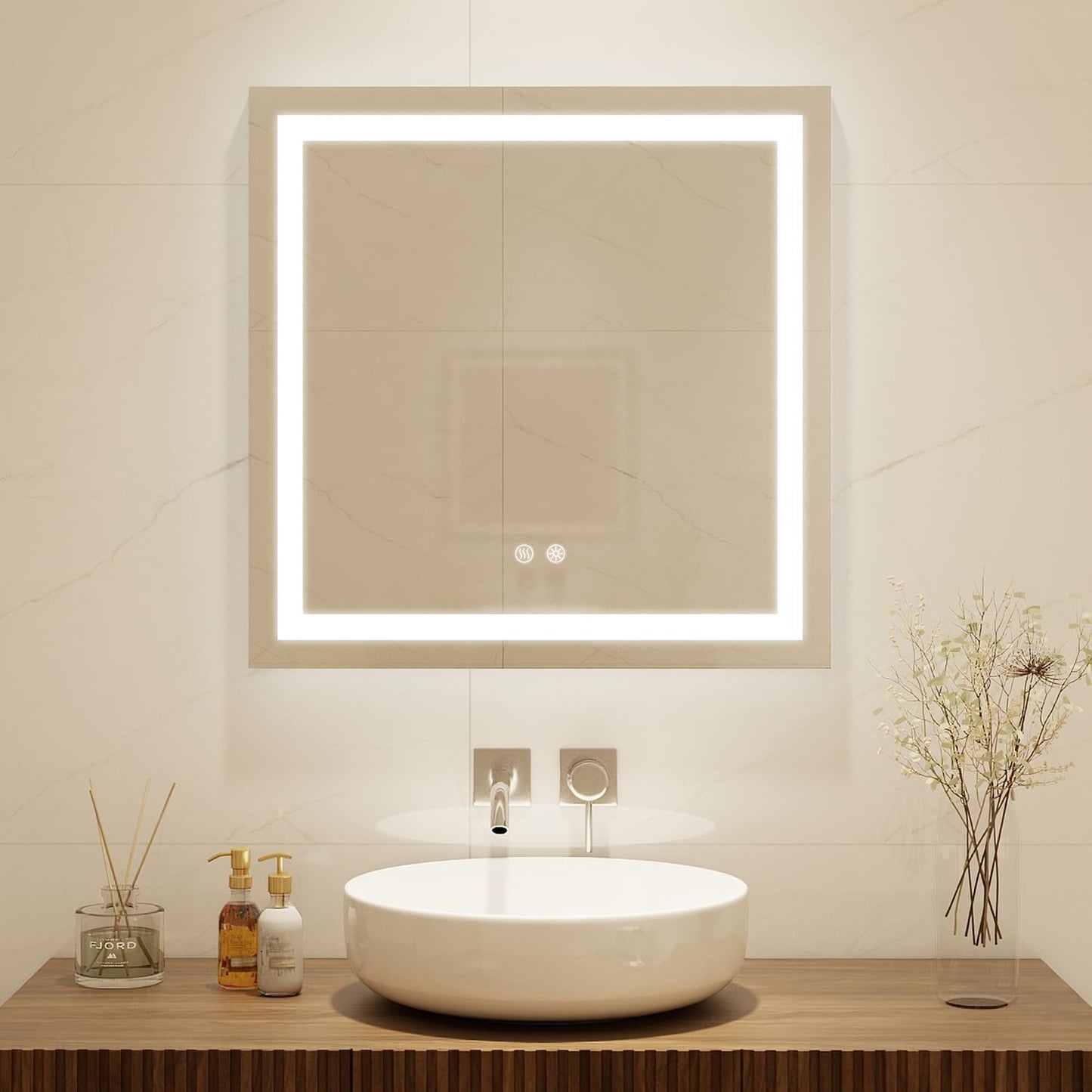 Espejo de tocador LED cuadrado de 28 x 28 pulgadas, 3 colores regulables,