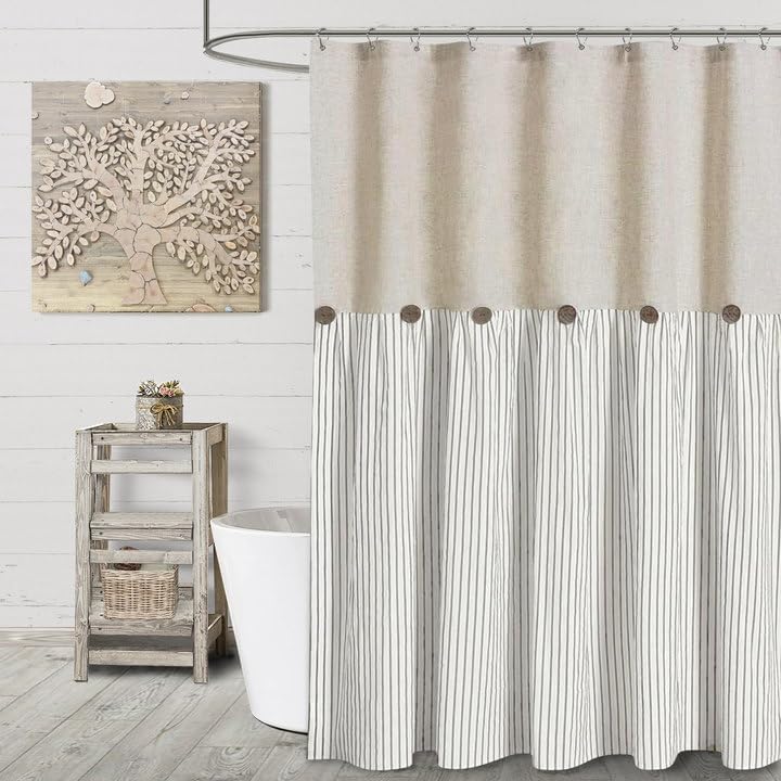 Awellife Cortina de ducha para baño, tela tejida de algodón y lino a rayas