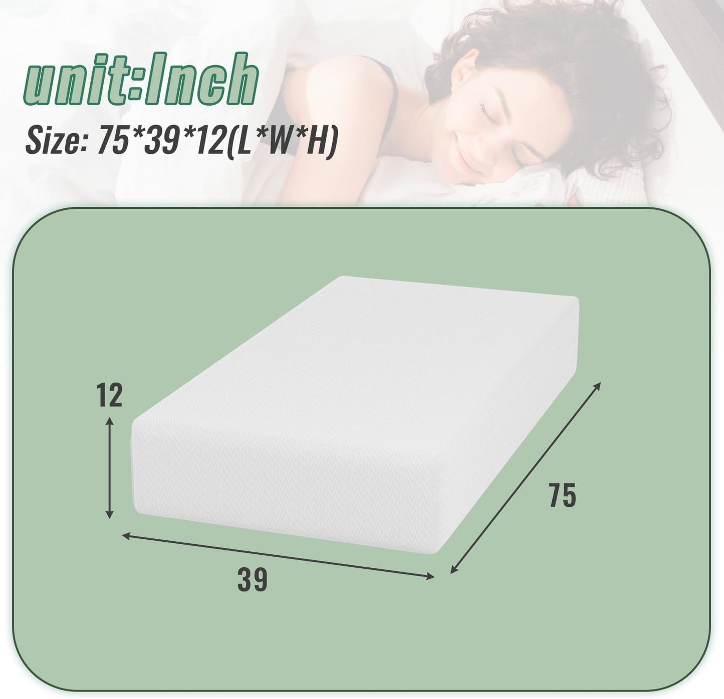 Colchón de espuma viscoelástica de gel de 12 pulgadas con funda de cremallera