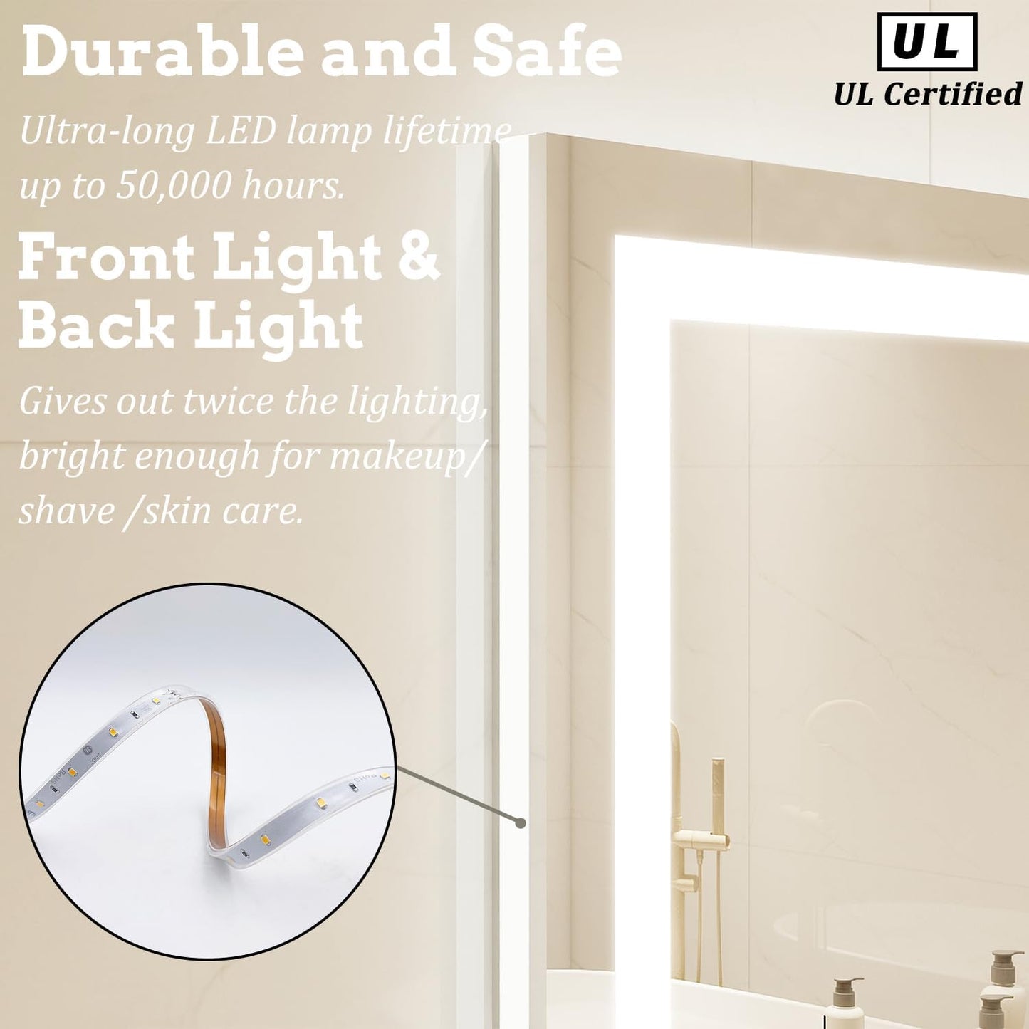 Espejo de tocador LED cuadrado de 28 x 28 pulgadas, 3 colores regulables,