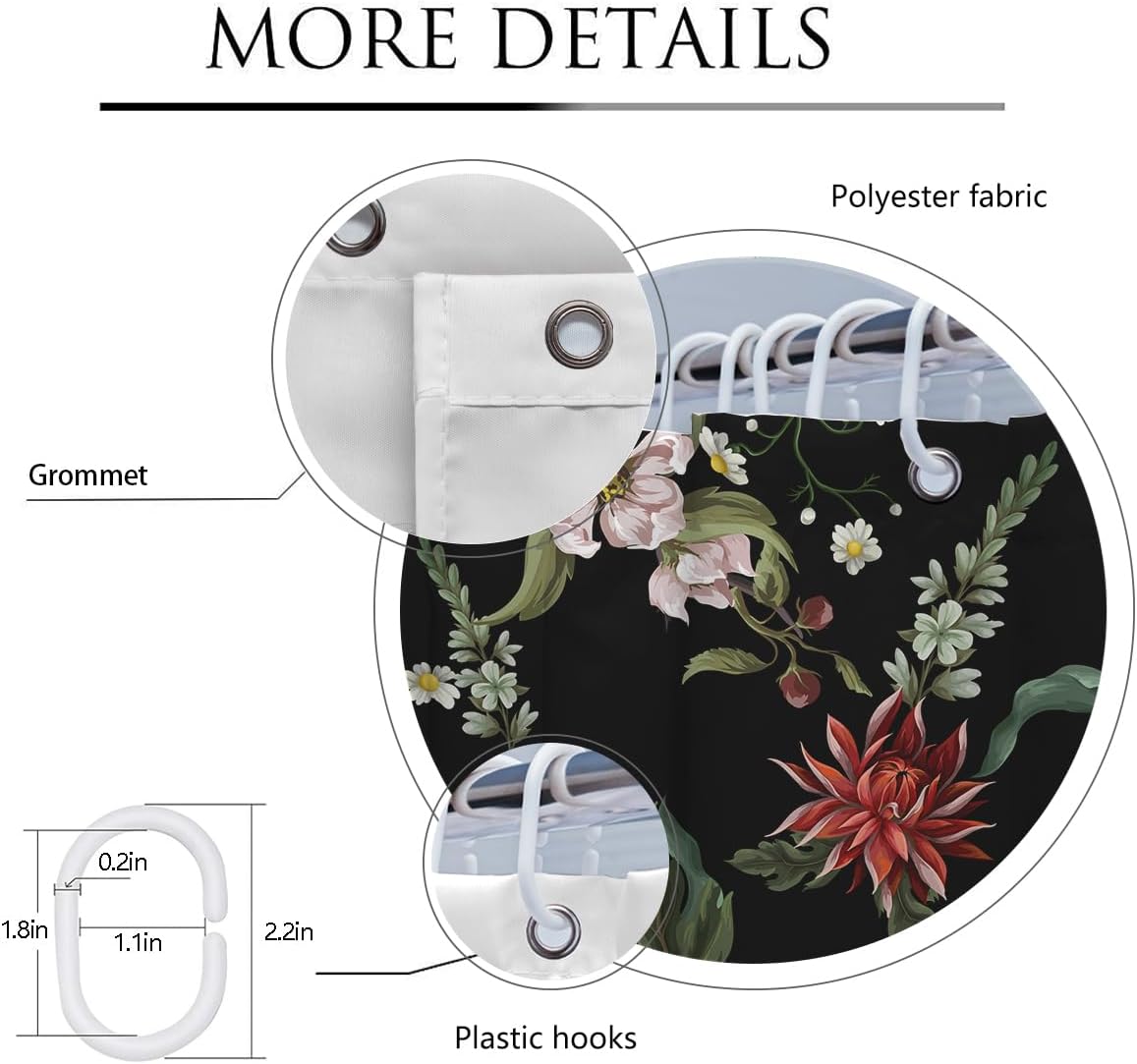 Cortina de ducha floral vintage bohemia negra con flores oscuras, acuarela