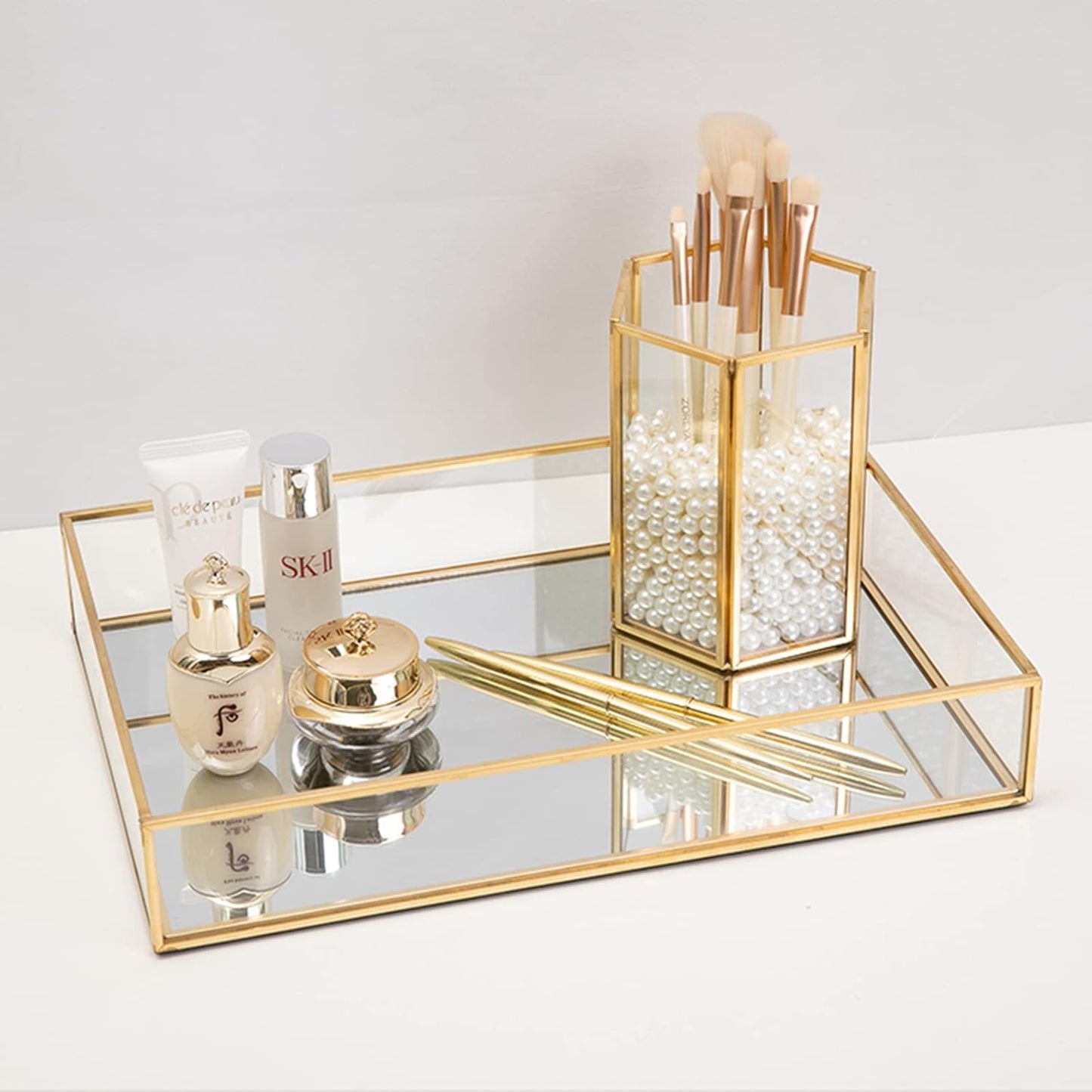 Paquete de 2 bandejas de perfume, bandeja de tocador dorada, bandeja decorativa