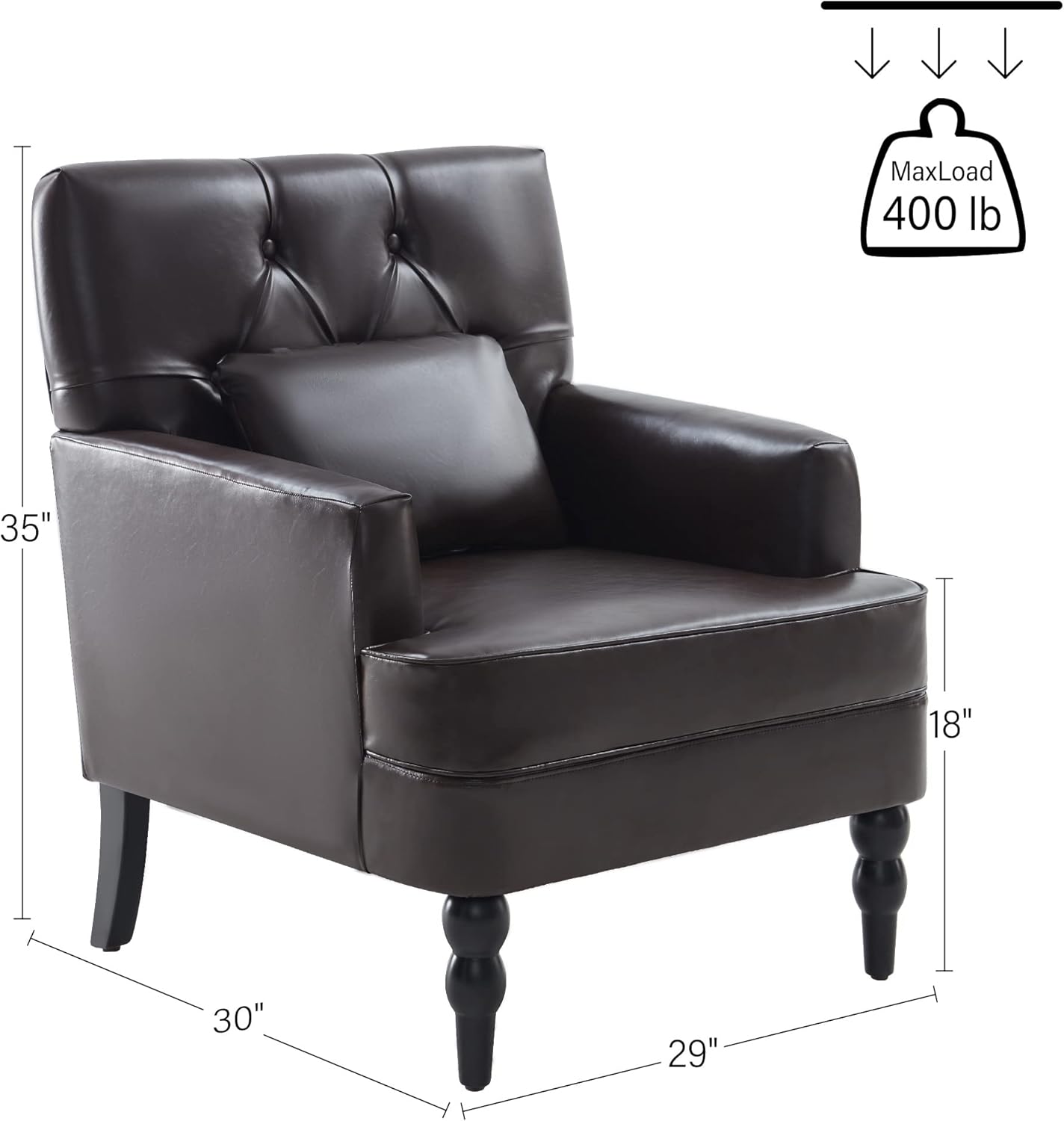 PULiving Silla de club de cuero, silla decorativa con almohada lumbar, sillón