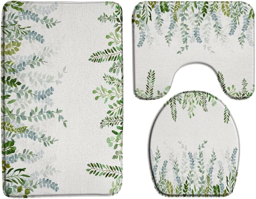 Juego de 3 alfombras de baño de hojas verdes, acuarela, verde salvia, plantas