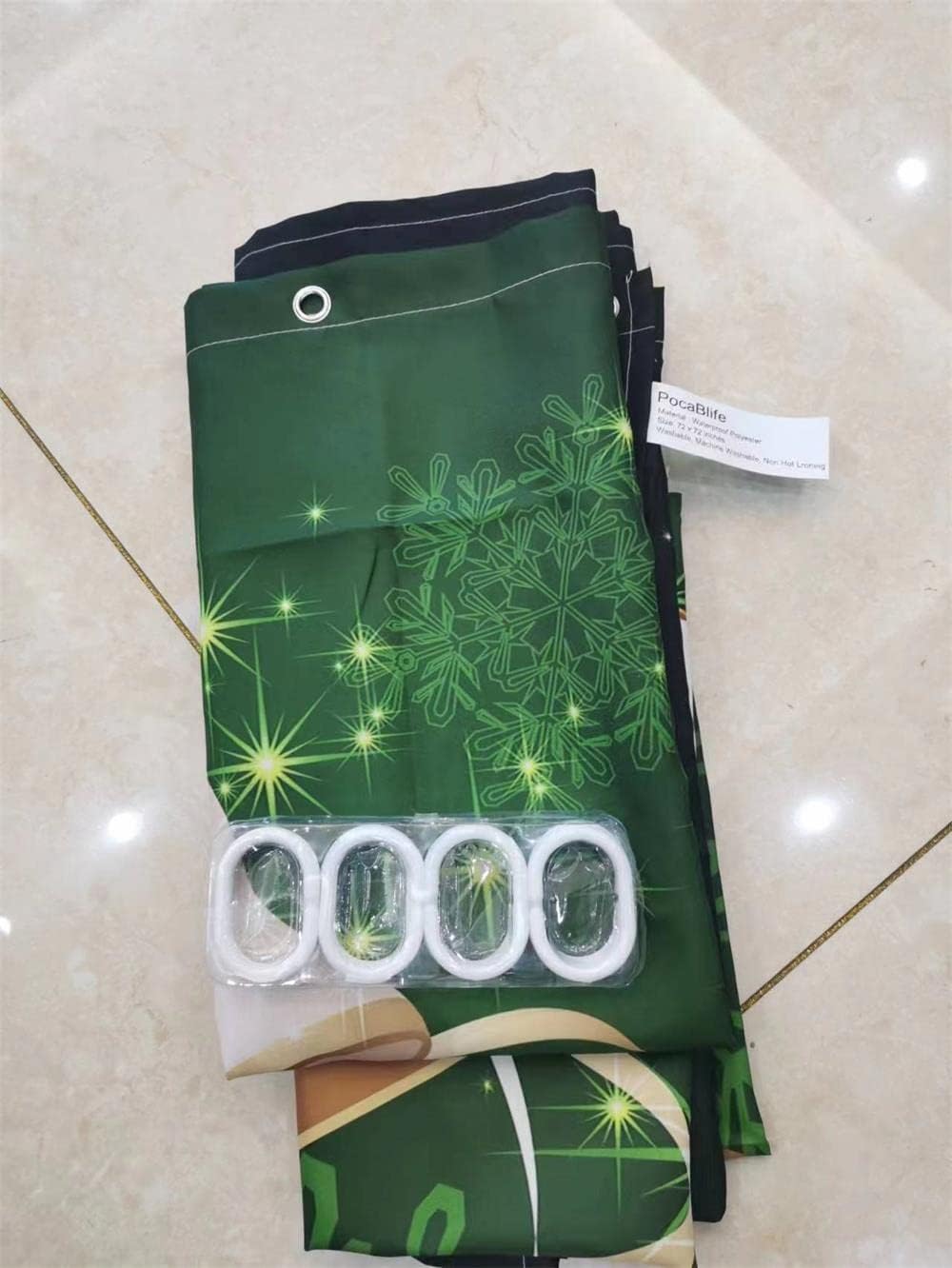 Cortina de ducha de Navidad verde, campanilla de Navidad dorada, copos de
