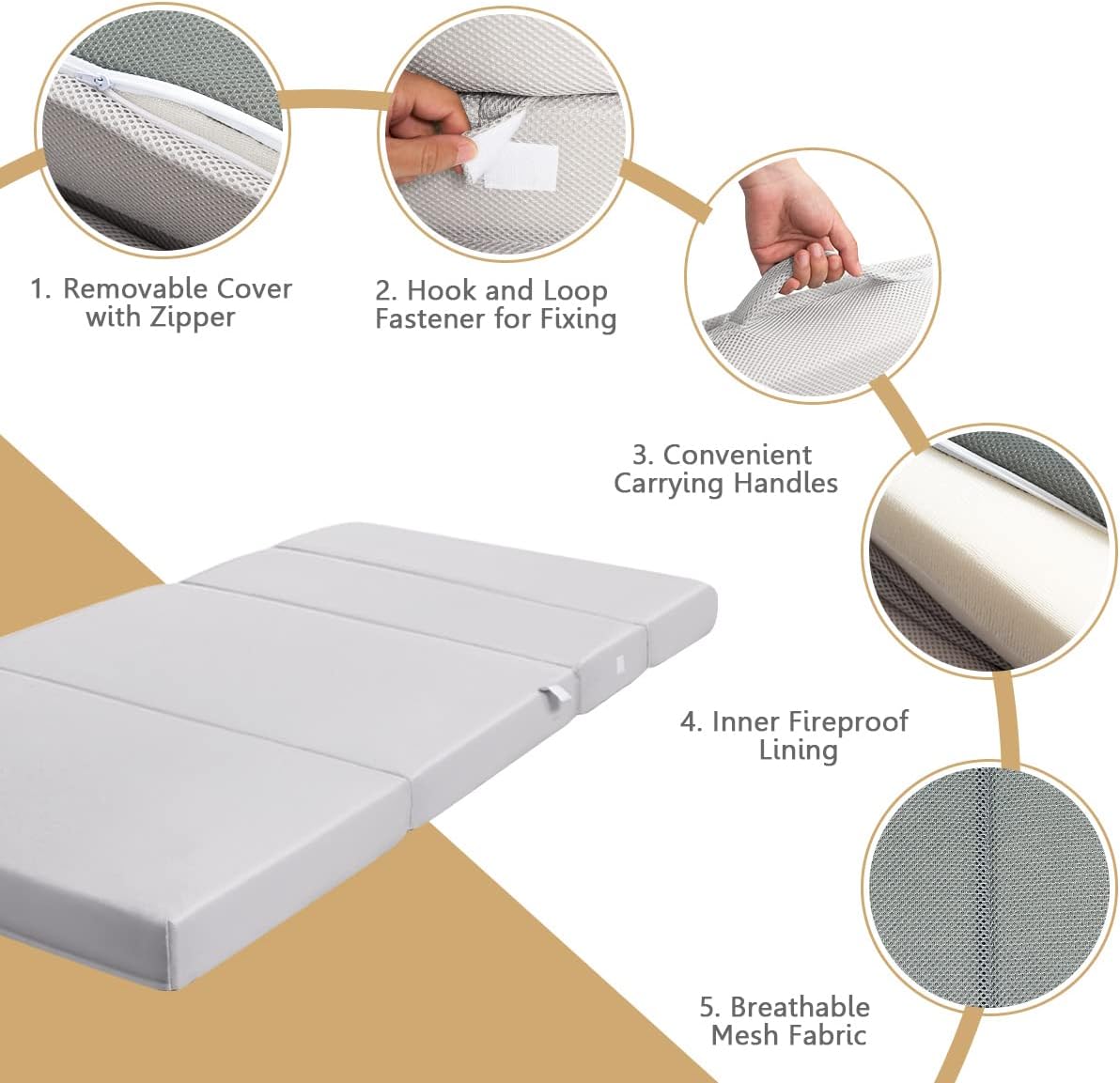 Colchón de espuma triple plegable de 4 pulgadas, tamaño individual XL con funda