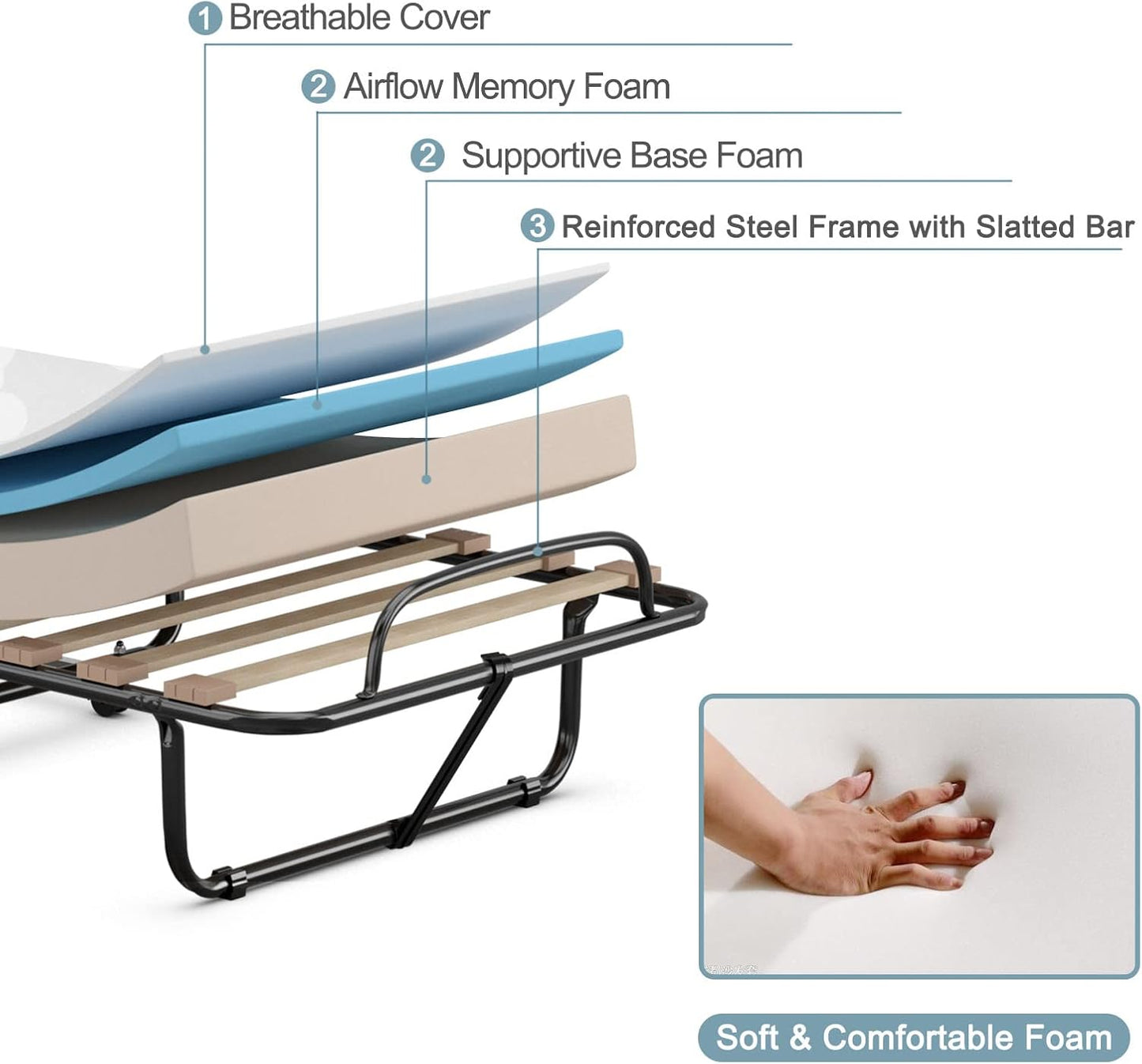 Cama plegable con colchón de 3 pulgadas para adultos, fabricada en Italia, cama