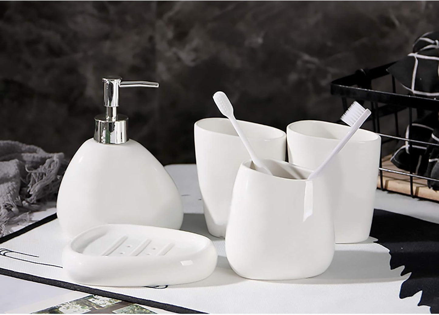 Juego de accesorios de baño de cerámica blanca, juego de encimera de tocador de