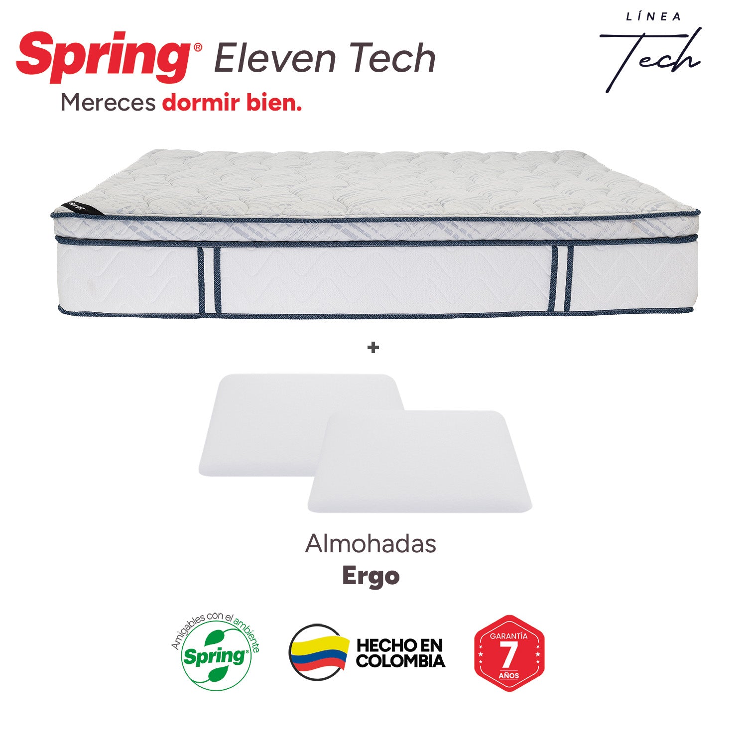 Colchón Spring Eleven Tech King 200X200 Cm  Gratis Almohadas Ergo