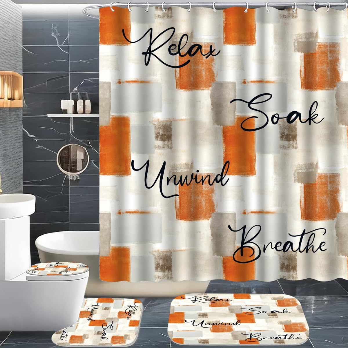 Juego de 4 cortinas de ducha color naranja, juego de baño abstracto naranja con