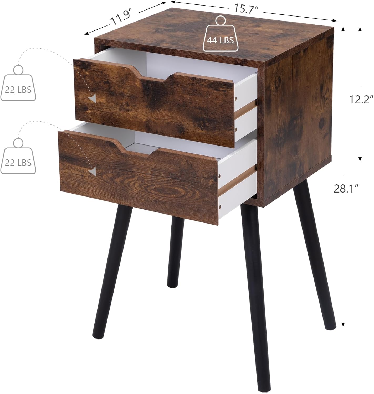 Juego de 2 mesitas de noche con cajones, mesitas de noche con patas de madera