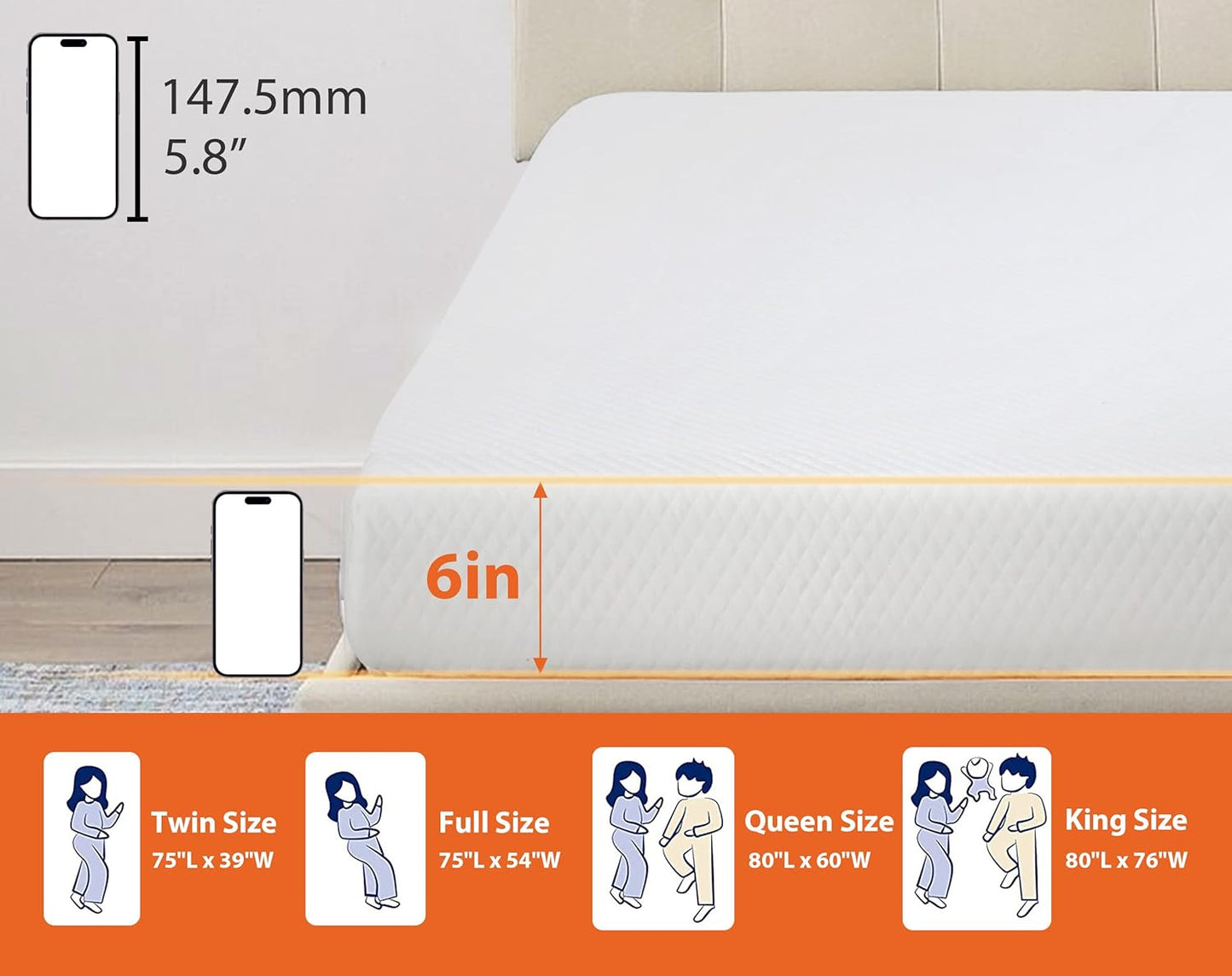 Colchón de tamaño matrimonial de 6 pulgadas con funda, colchón de espuma