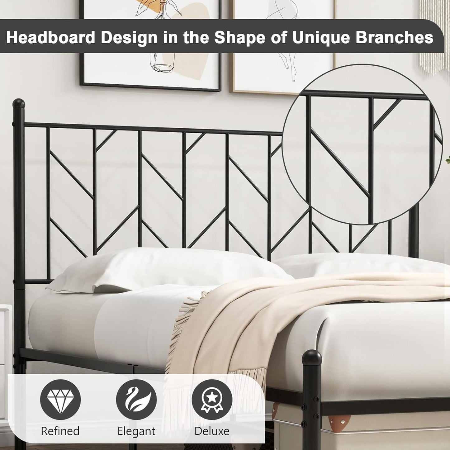 Base de cama de metal negro Queen con cabecera de estilo victoriano, plataforma