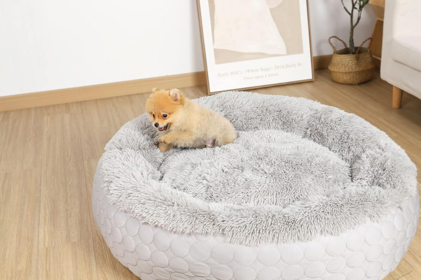 Cama calmante redonda con forma de dona para perros, cama mullida para perros