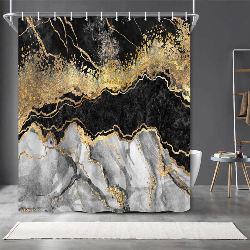 Cortina de ducha de mármol blanco y negro de 65 x 72 pulgadas, con purpurina