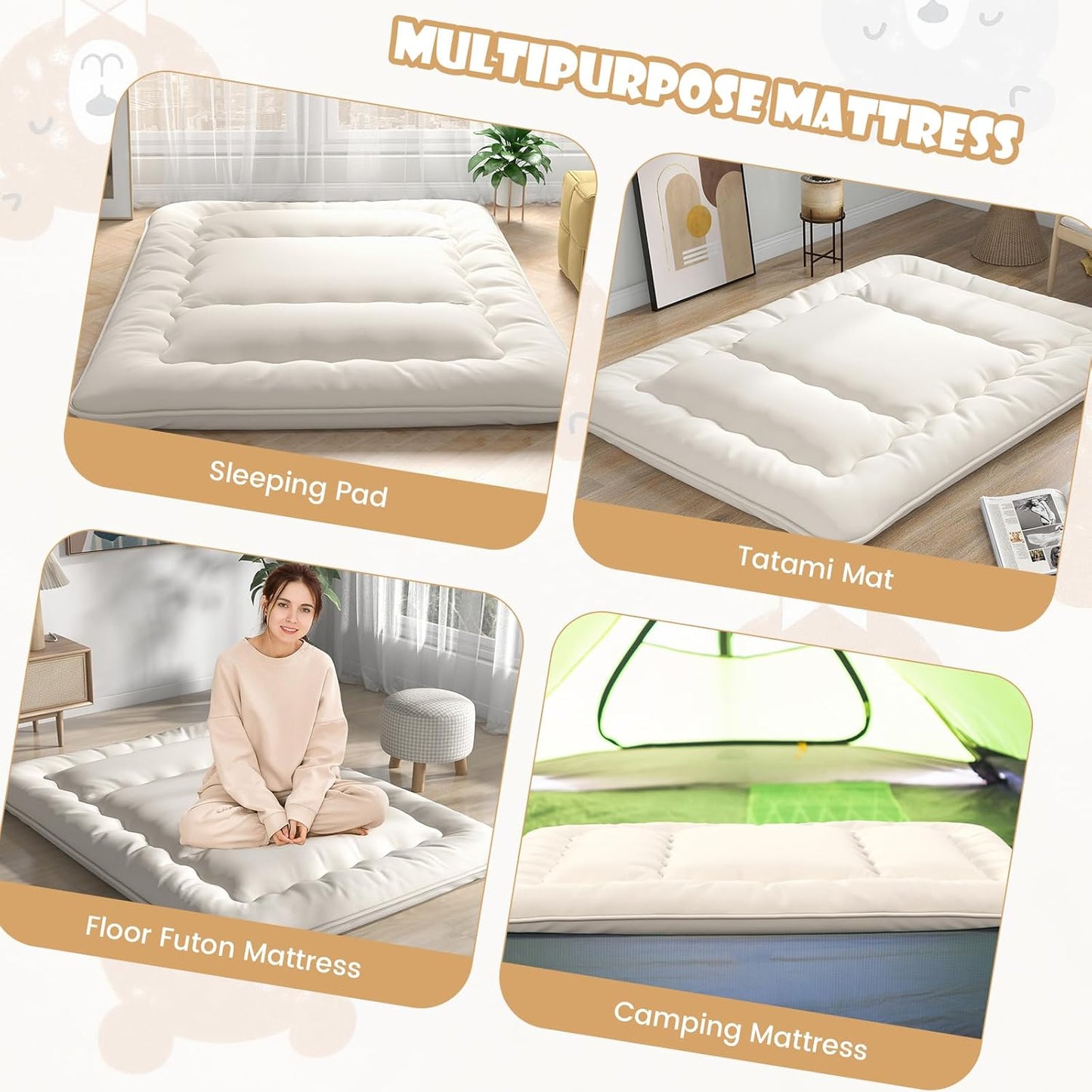 Colchón japonés de futón, colchón enrollable de tatami con funda lavable y