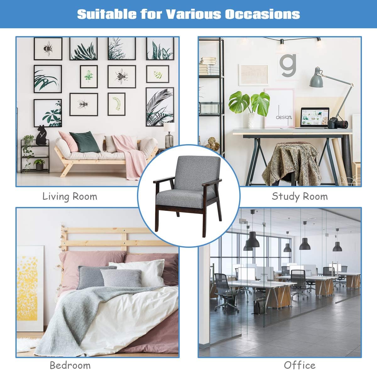 Juego de 2 sillas decorativas modernas de mediados de siglo, sillón de tela