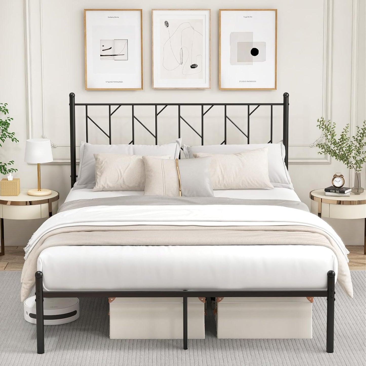 Base de cama de metal negro Queen con cabecera de estilo victoriano, plataforma